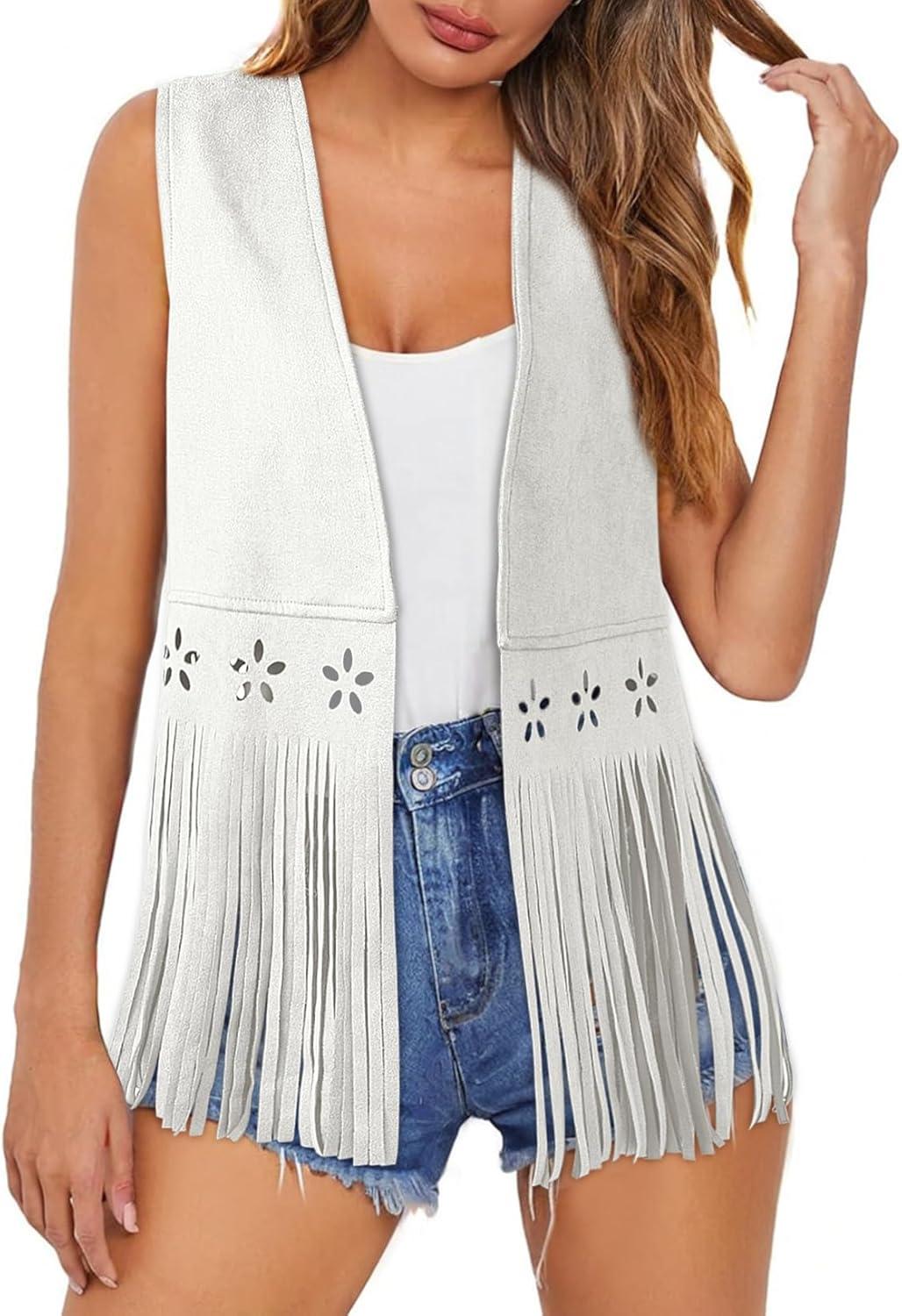 imageDokotoo Womens Fringe Vest Cowgirl Western Outfits 70s Hippie Costume Sleeveless Hollow Out Faux Suede Tassel OuterwearWhite