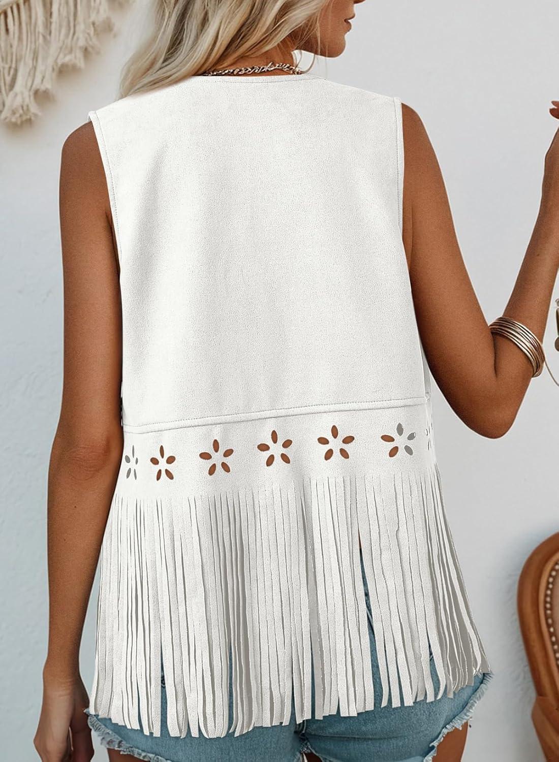 imageDokotoo Womens Fringe Vest Cowgirl Western Outfits 70s Hippie Costume Sleeveless Hollow Out Faux Suede Tassel OuterwearWhite