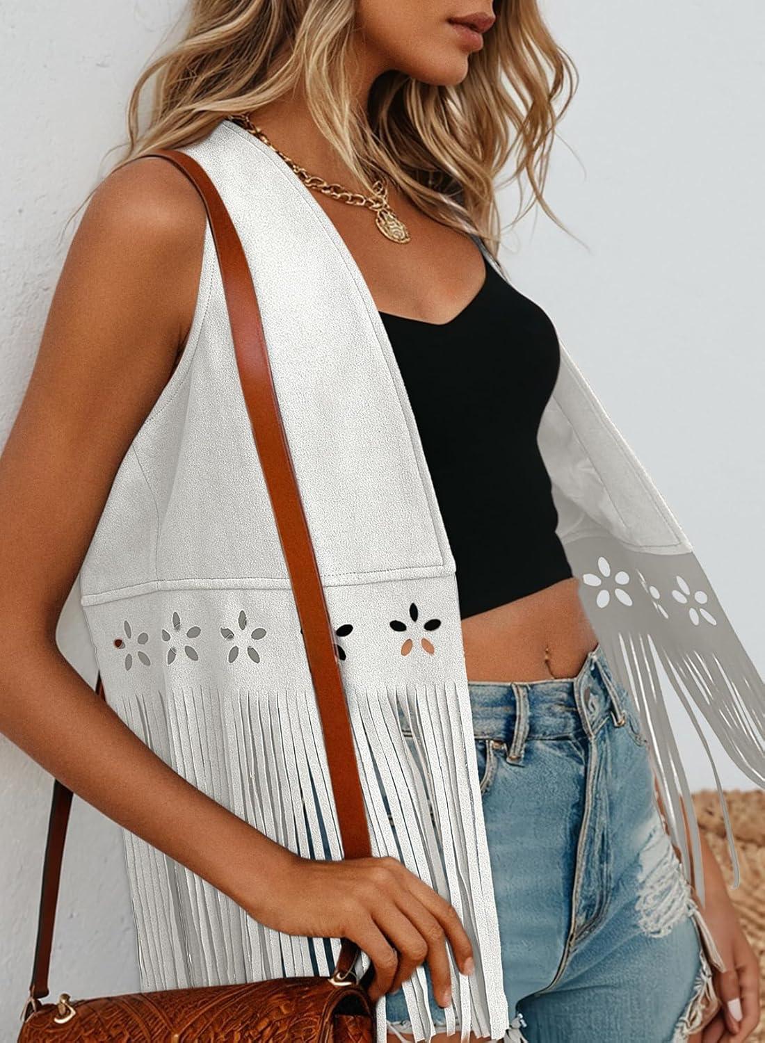 imageDokotoo Womens Fringe Vest Cowgirl Western Outfits 70s Hippie Costume Sleeveless Hollow Out Faux Suede Tassel OuterwearWhite