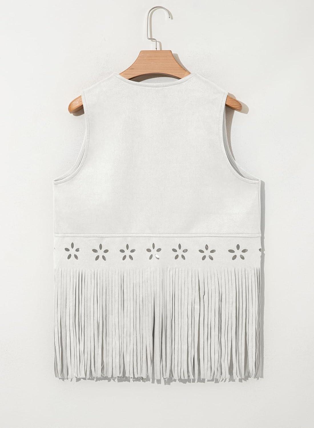 imageDokotoo Womens Fringe Vest Cowgirl Western Outfits 70s Hippie Costume Sleeveless Hollow Out Faux Suede Tassel OuterwearWhite