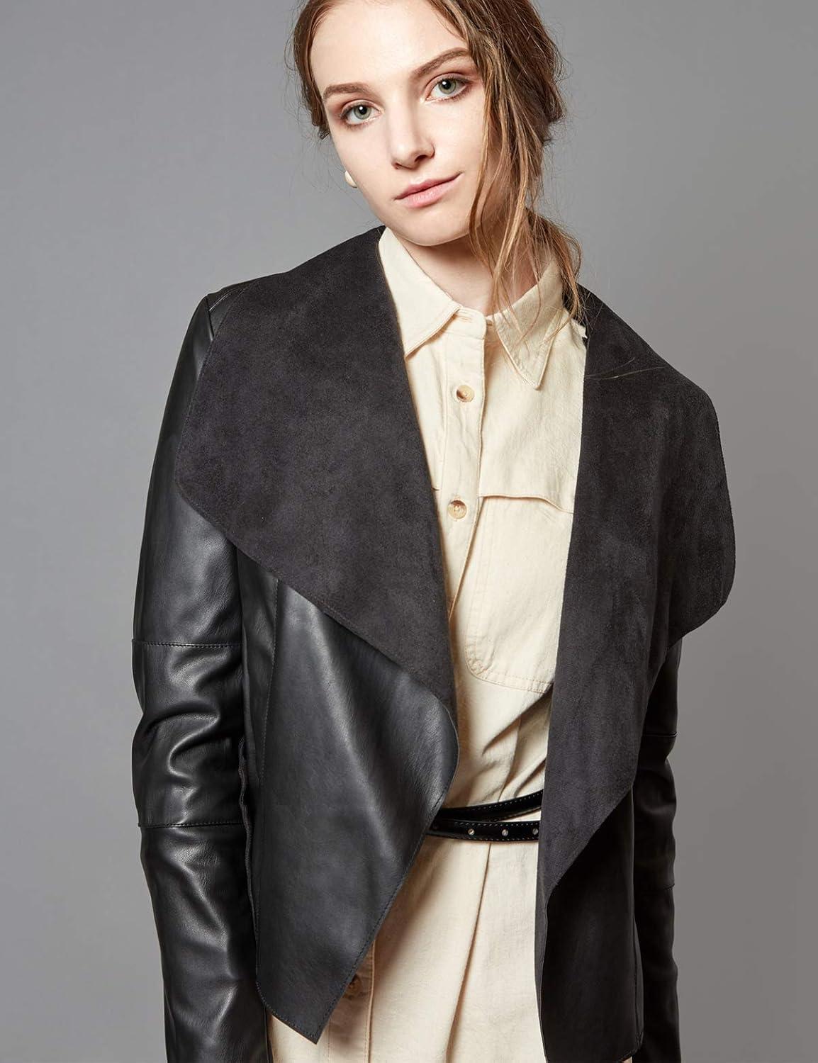 imageEscalier Womens Faux Leather Jackets Slim Open Front Lapel Blazer JacketsBlack