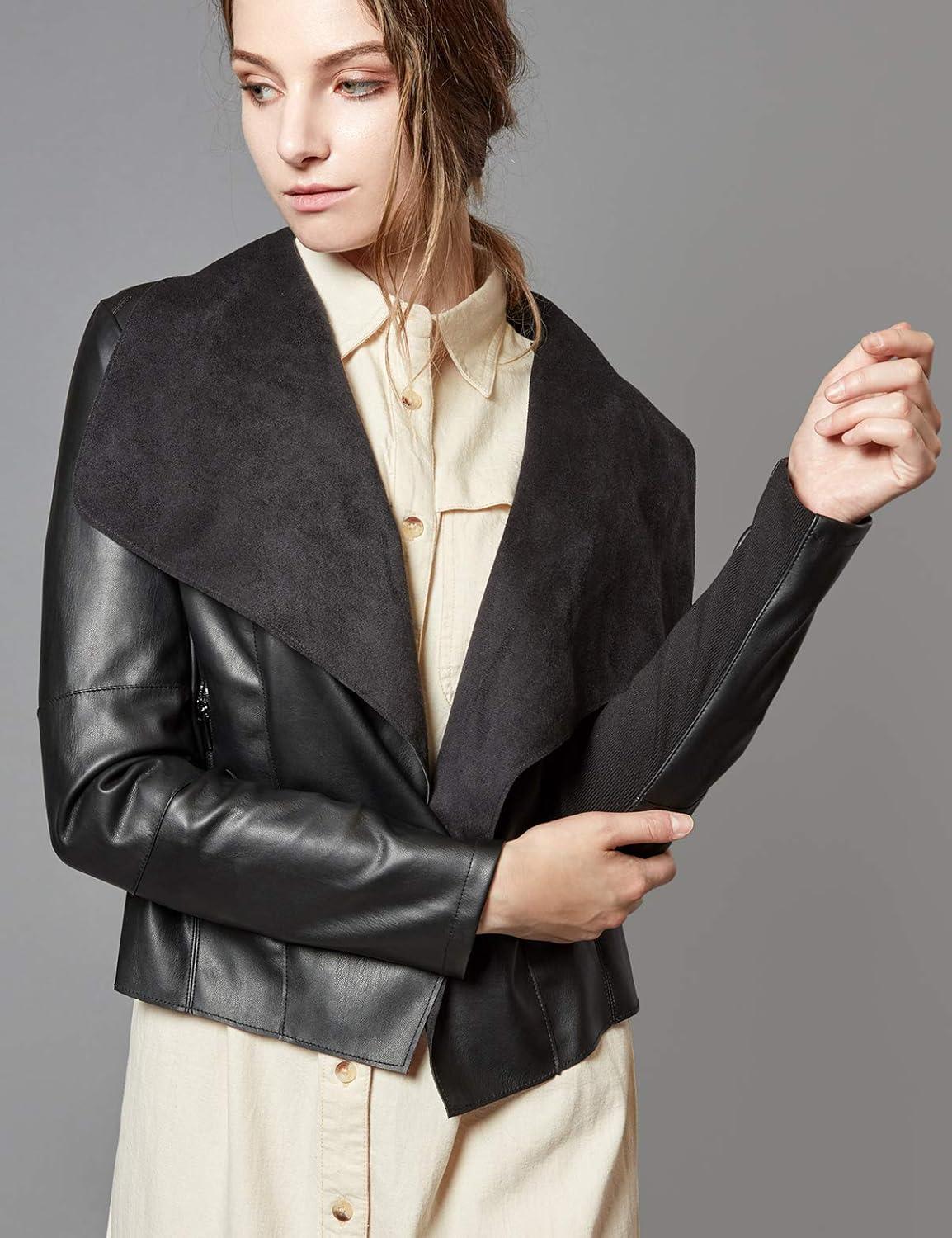 imageEscalier Womens Faux Leather Jackets Slim Open Front Lapel Blazer JacketsBlack