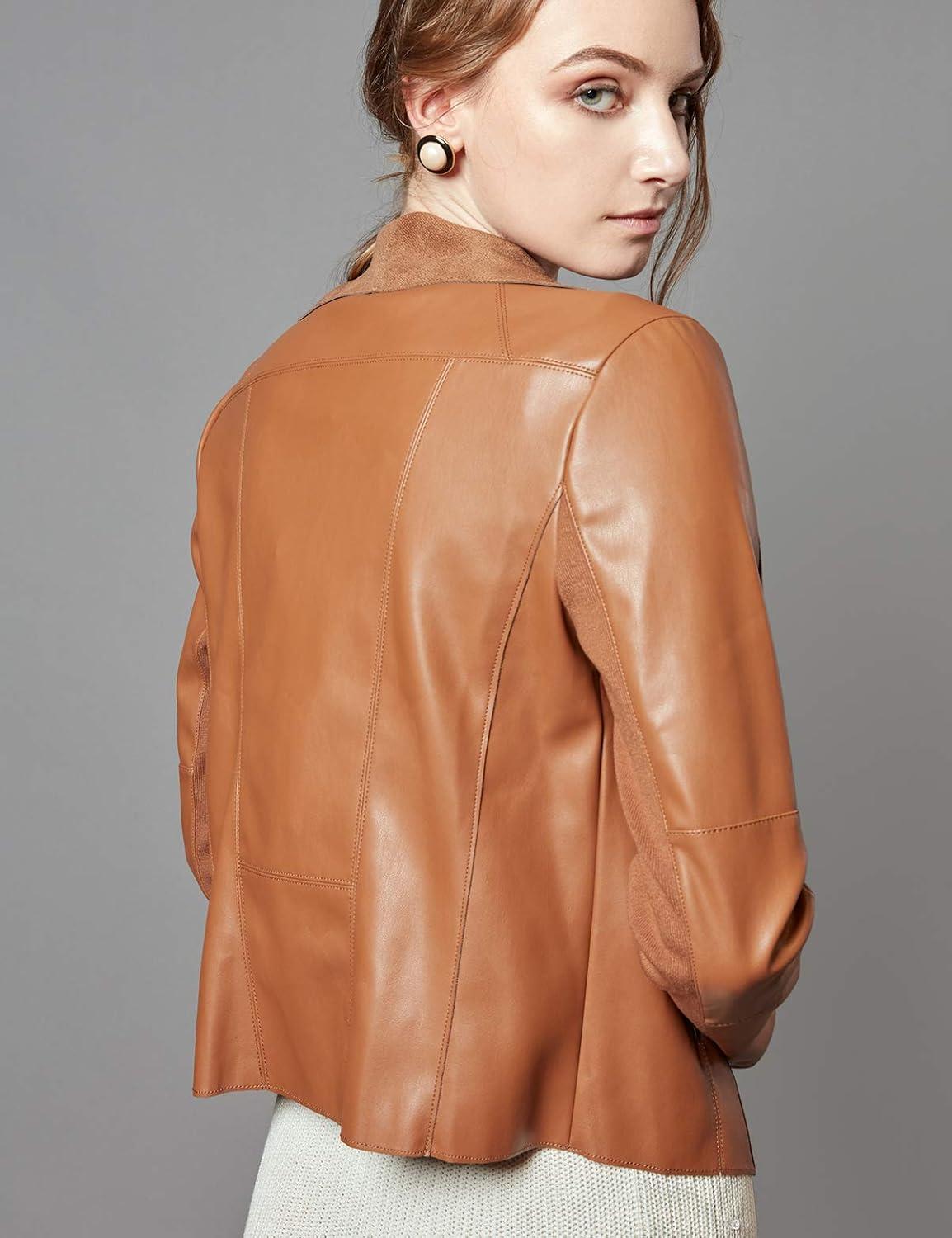 imageEscalier Womens Faux Leather Jackets Slim Open Front Lapel Blazer JacketsBrown