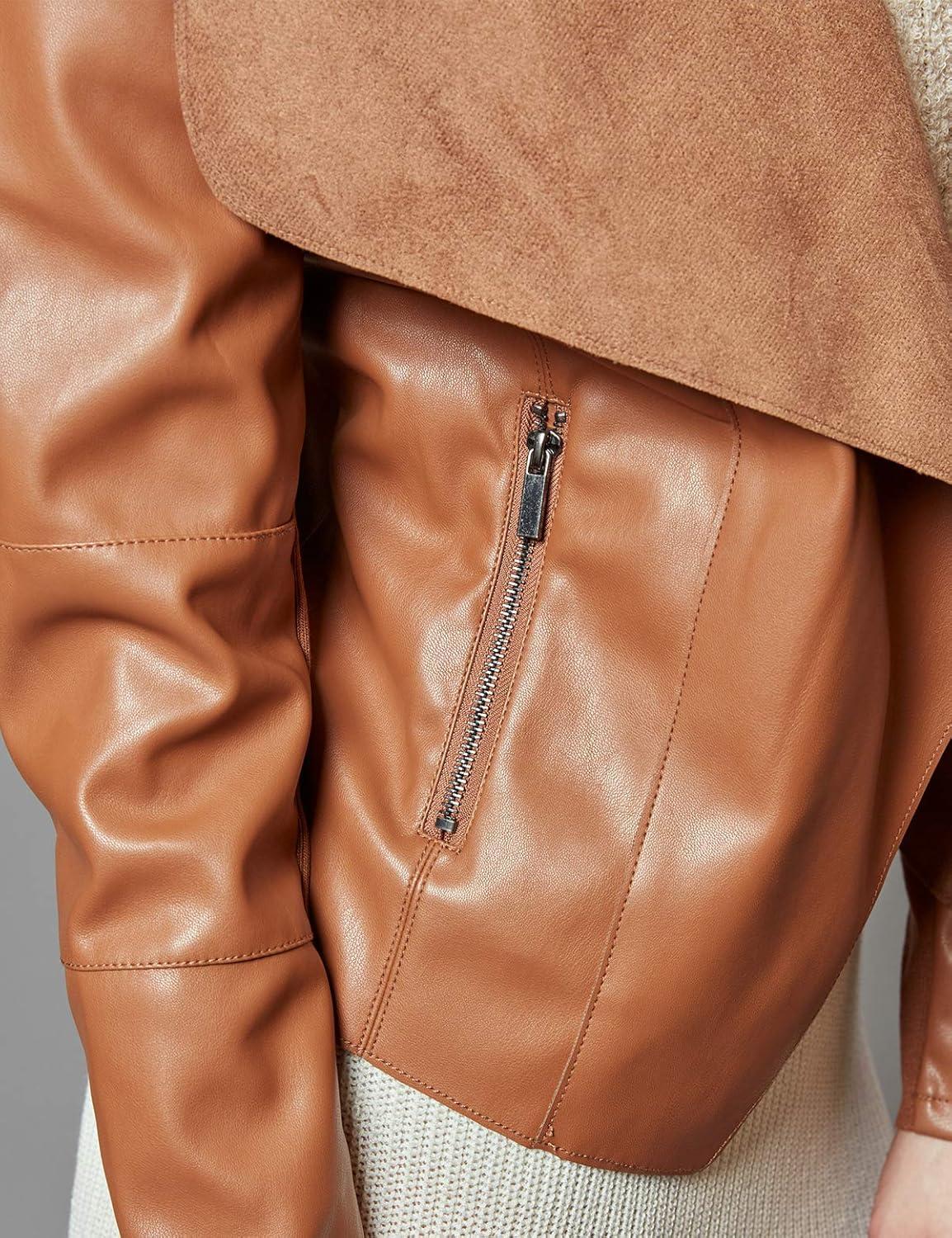 imageEscalier Womens Faux Leather Jackets Slim Open Front Lapel Blazer JacketsBrown