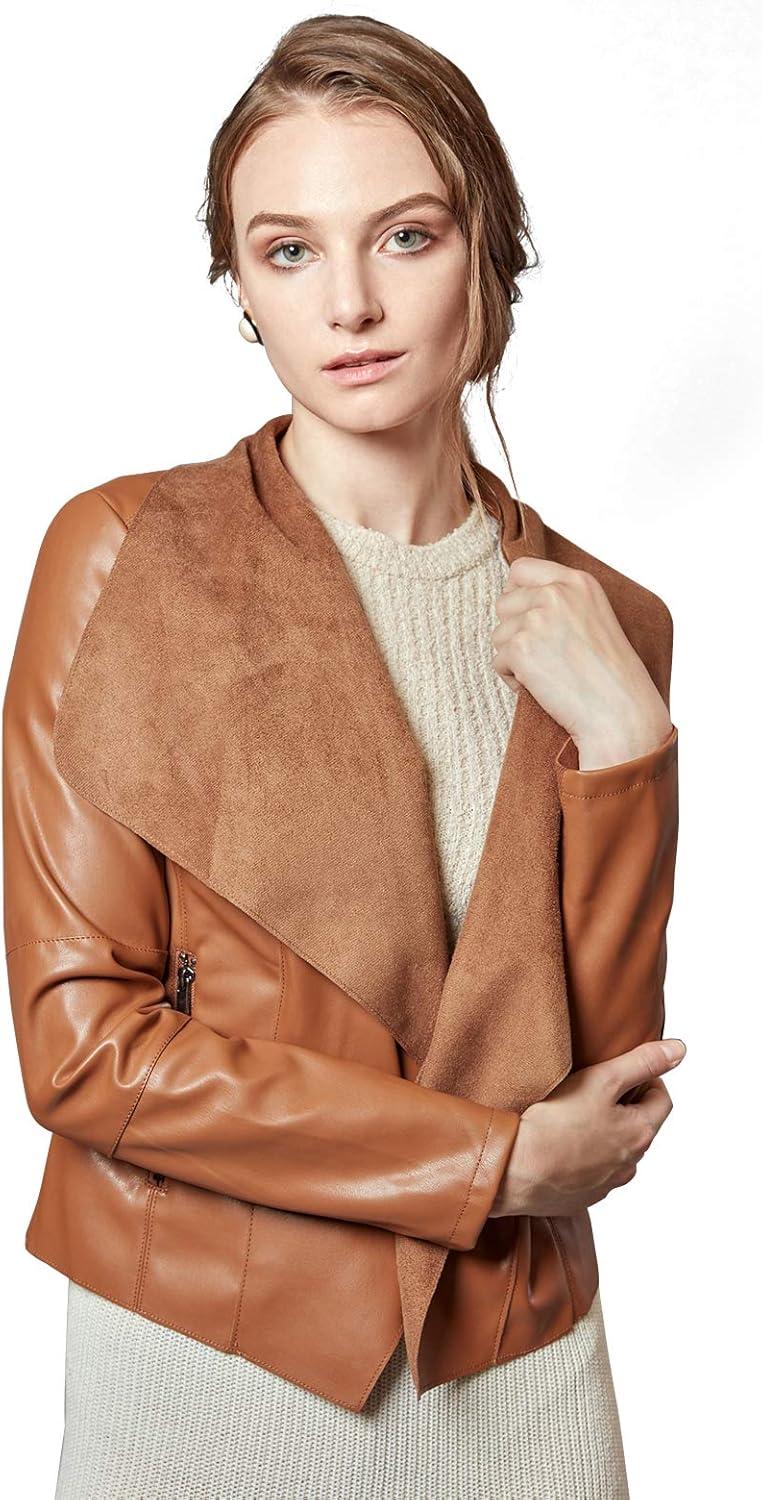 imageEscalier Womens Faux Leather Jackets Slim Open Front Lapel Blazer JacketsBrown