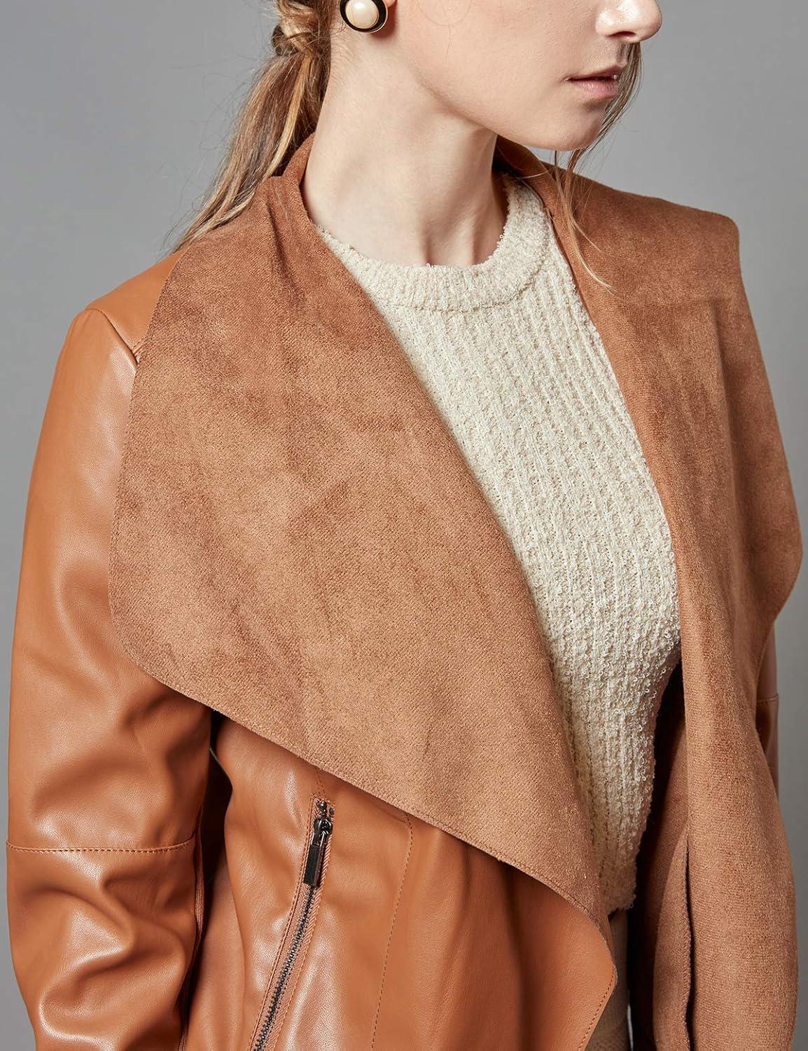 imageEscalier Womens Faux Leather Jackets Slim Open Front Lapel Blazer JacketsBrown