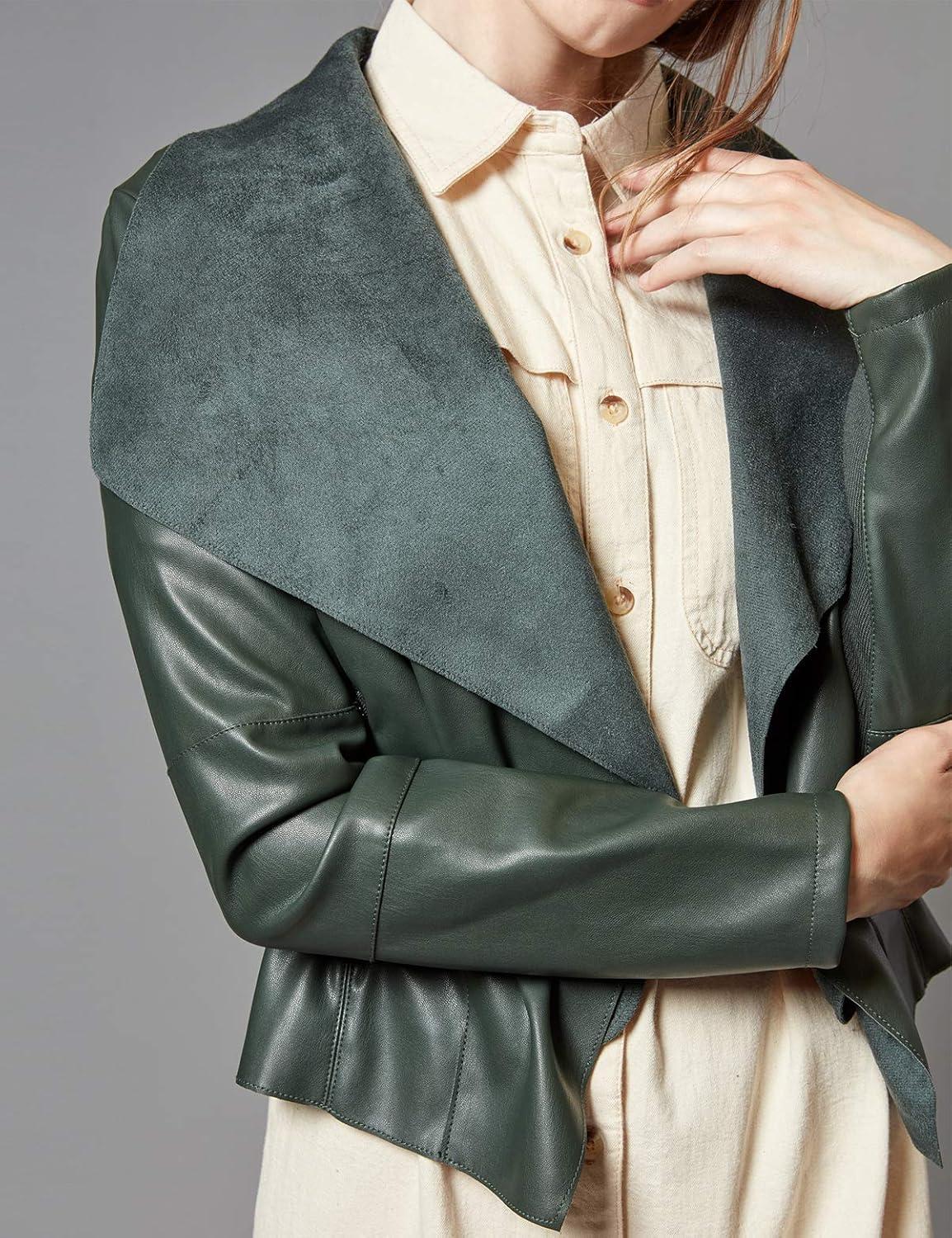 imageEscalier Womens Faux Leather Jackets Slim Open Front Lapel Blazer JacketsGreen