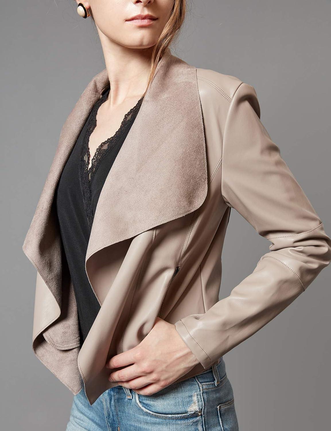 imageEscalier Womens Faux Leather Jackets Slim Open Front Lapel Blazer JacketsKhaki
