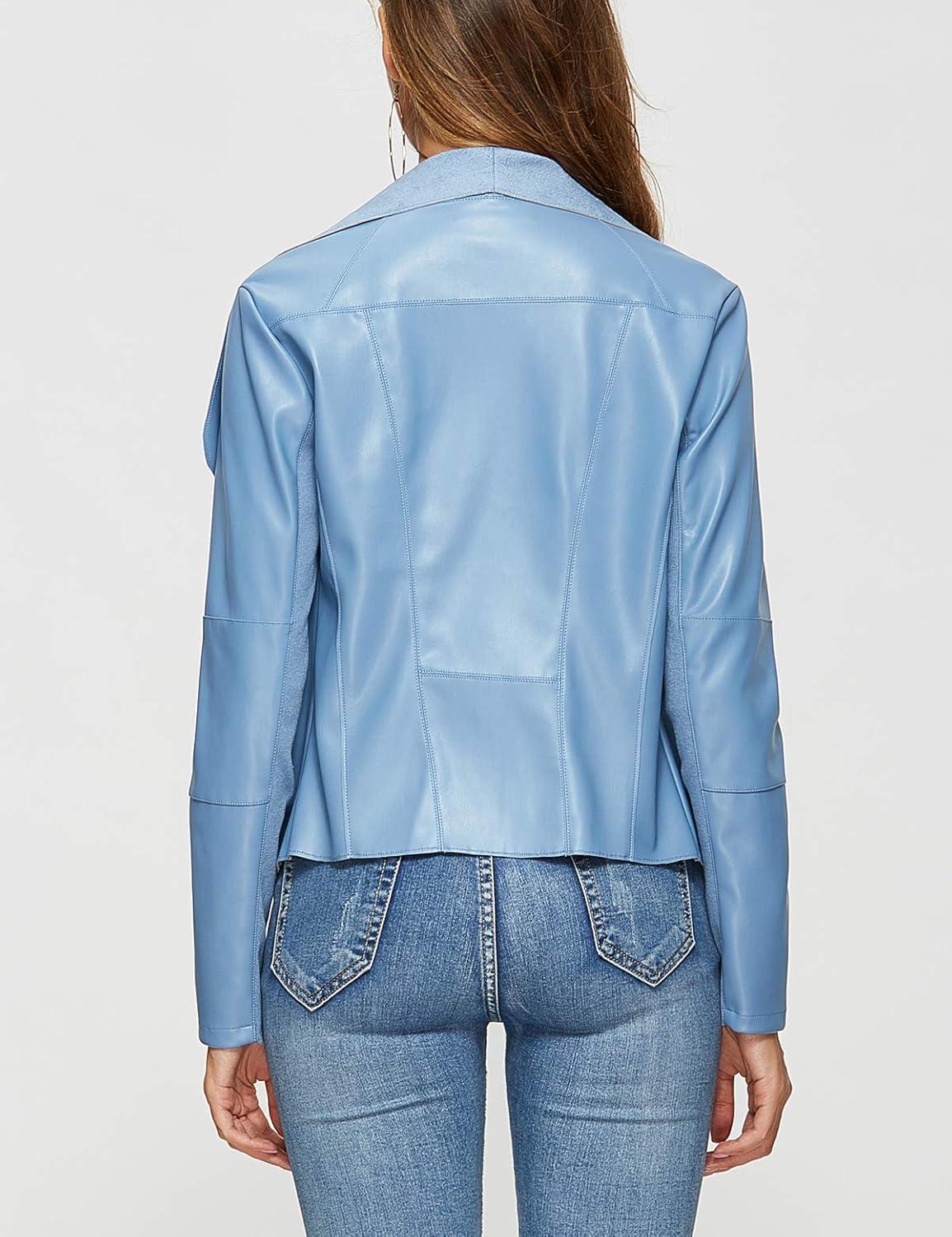 imageEscalier Womens Faux Leather Jackets Slim Open Front Lapel Blazer JacketsLight Blue