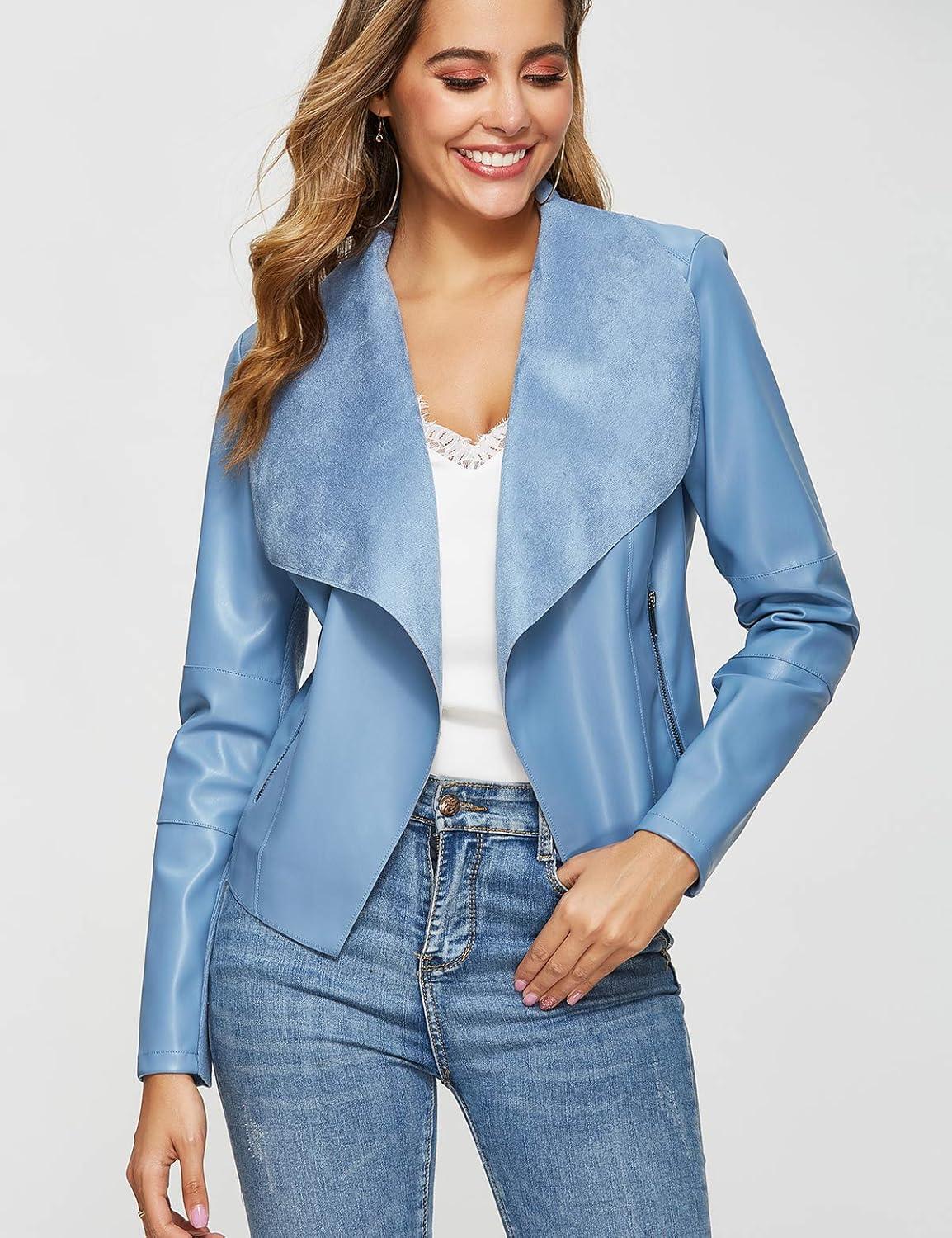 imageEscalier Womens Faux Leather Jackets Slim Open Front Lapel Blazer JacketsLight Blue