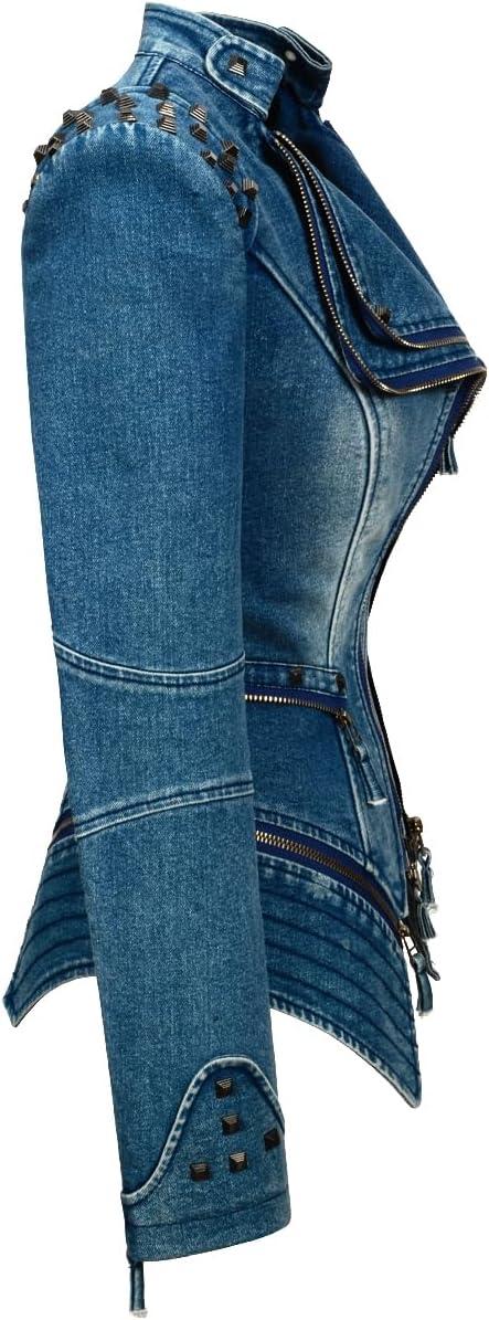 imageFashion SX Womens Rivet Faux Leather Jacket Zipper Moto Biker Denim coat Motorcycle OutwearBlue