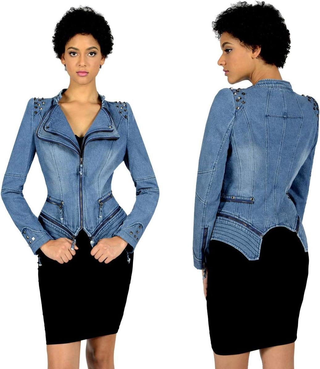 imageFashion SX Womens Rivet Faux Leather Jacket Zipper Moto Biker Denim coat Motorcycle OutwearBlue