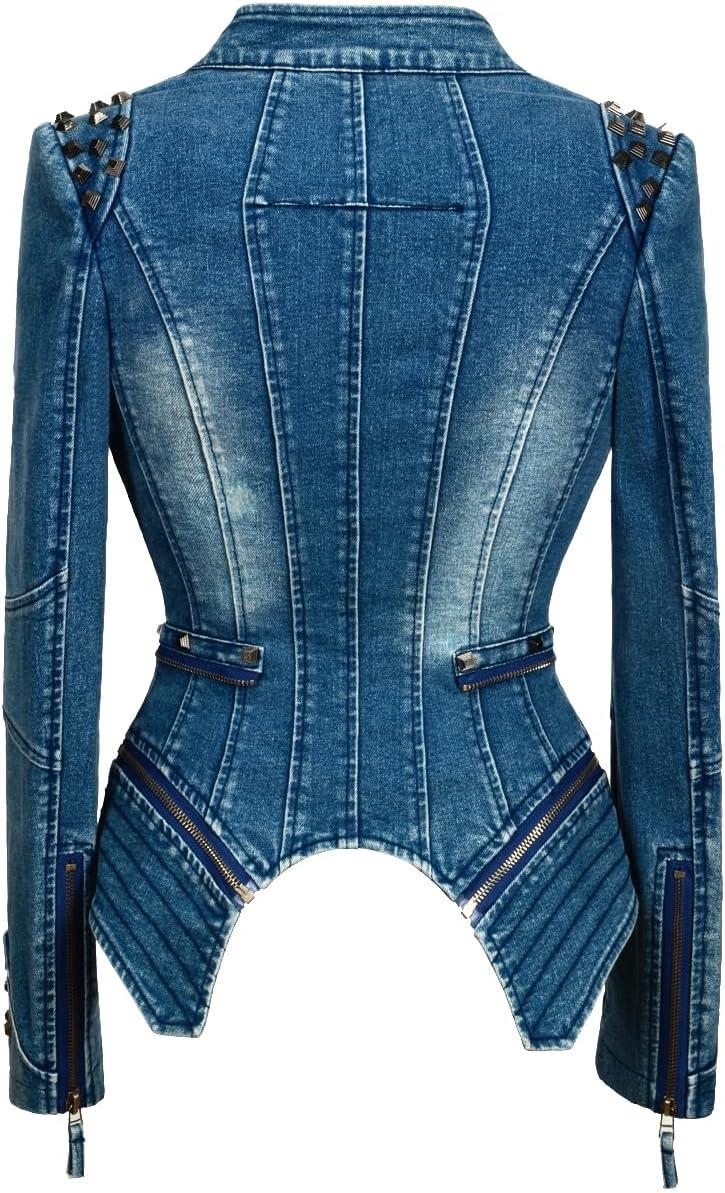 imageFashion SX Womens Rivet Faux Leather Jacket Zipper Moto Biker Denim coat Motorcycle OutwearBlue