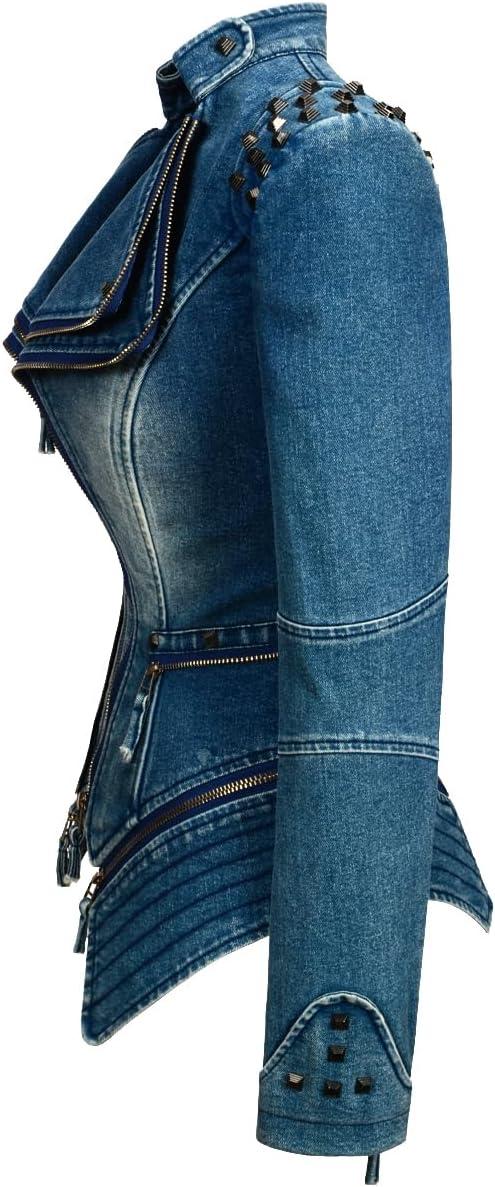 imageFashion SX Womens Rivet Faux Leather Jacket Zipper Moto Biker Denim coat Motorcycle OutwearBlue