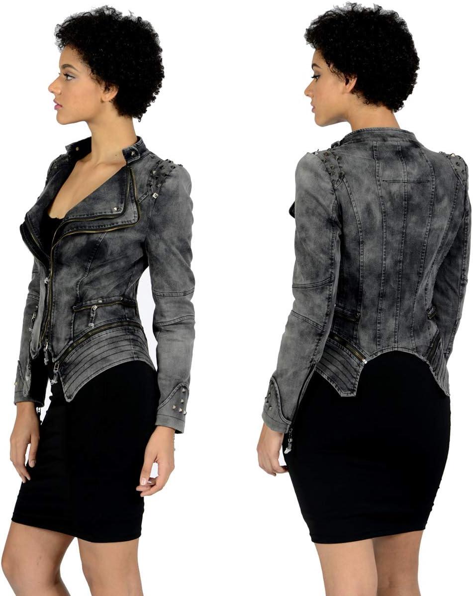 imageFashion SX Womens Rivet Faux Leather Jacket Zipper Moto Biker Denim coat Motorcycle OutwearGray
