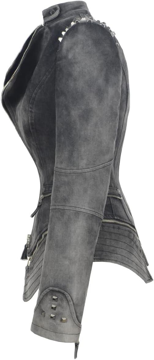 imageFashion SX Womens Rivet Faux Leather Jacket Zipper Moto Biker Denim coat Motorcycle OutwearGray