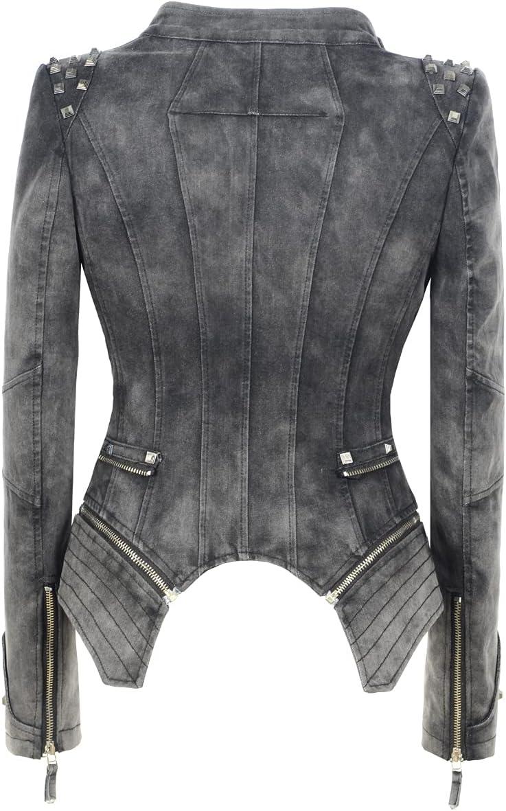 imageFashion SX Womens Rivet Faux Leather Jacket Zipper Moto Biker Denim coat Motorcycle OutwearGray