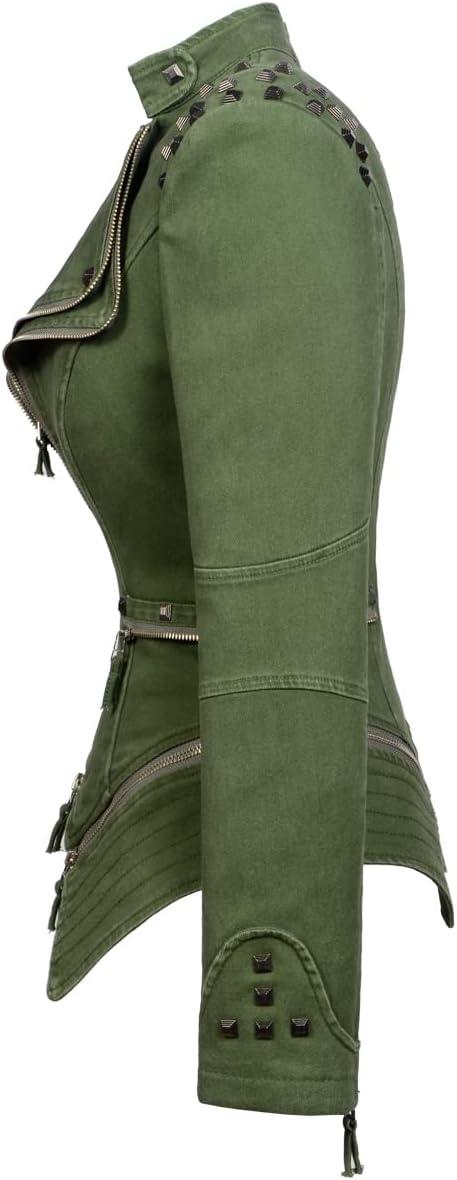 imageFashion SX Womens Rivet Faux Leather Jacket Zipper Moto Biker Denim coat Motorcycle OutwearGreen