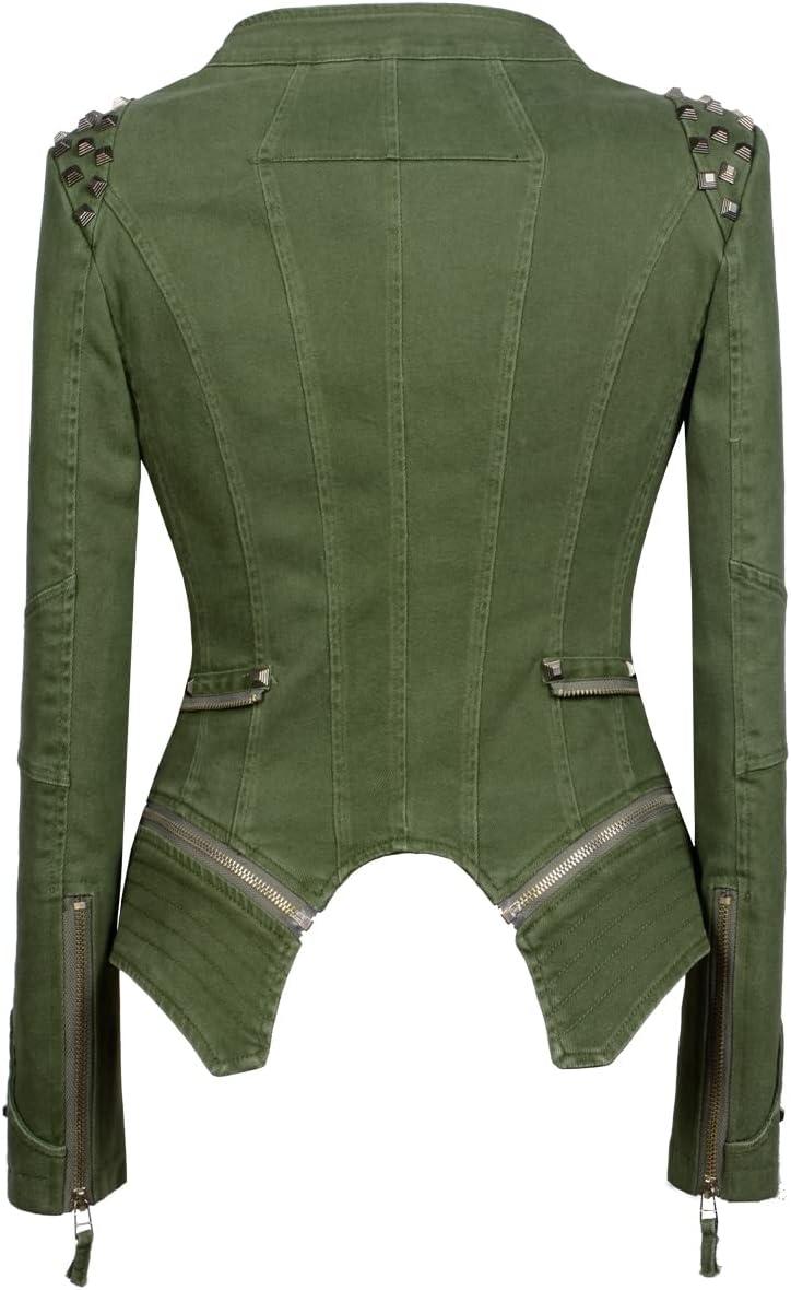 imageFashion SX Womens Rivet Faux Leather Jacket Zipper Moto Biker Denim coat Motorcycle OutwearGreen