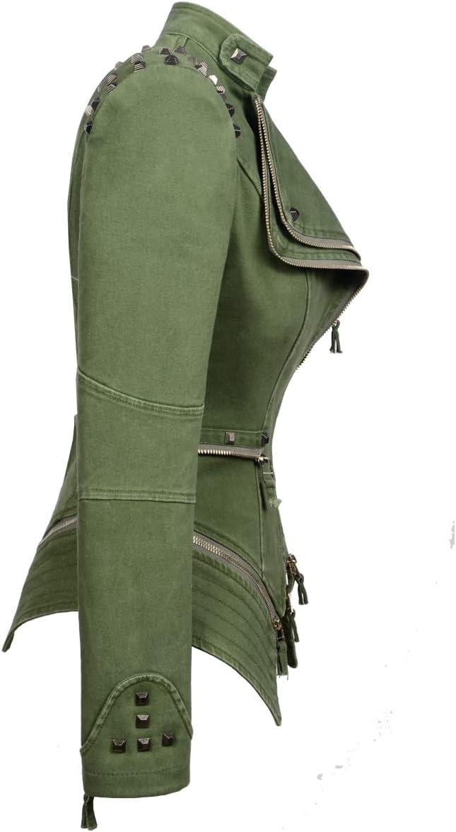 imageFashion SX Womens Rivet Faux Leather Jacket Zipper Moto Biker Denim coat Motorcycle OutwearGreen