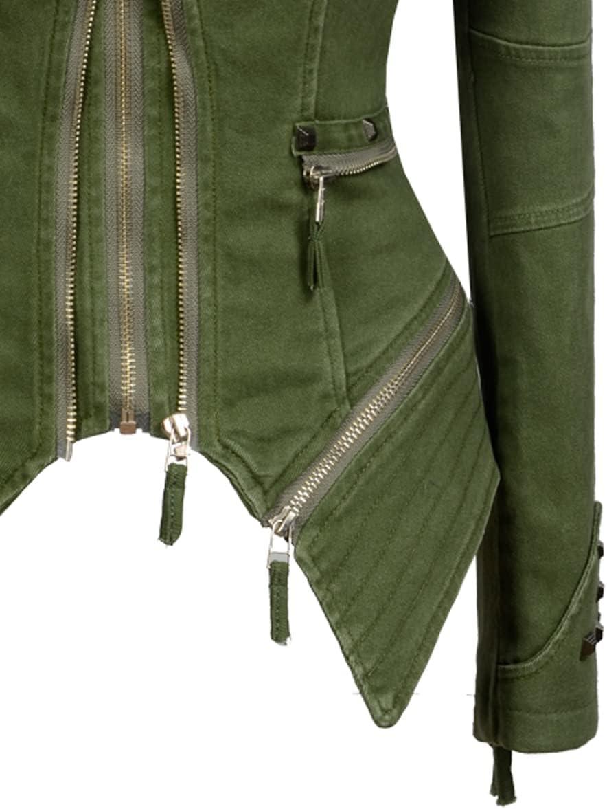imageFashion SX Womens Rivet Faux Leather Jacket Zipper Moto Biker Denim coat Motorcycle OutwearGreen