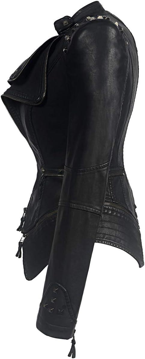 imageFashion SX Womens Rivet Faux Leather Jacket Zipper Moto Biker Denim coat Motorcycle OutwearRivetpublack