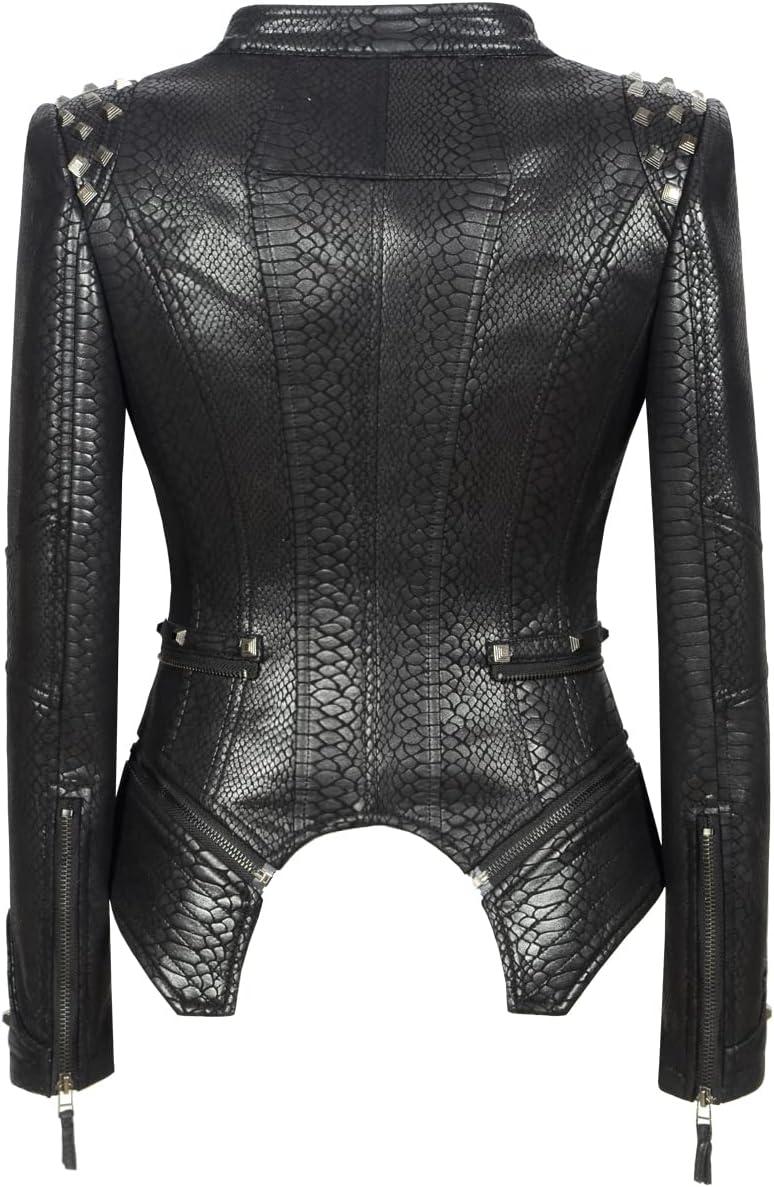 imageFashion SX Womens Rivet Faux Leather Jacket Zipper Moto Biker Denim coat Motorcycle OutwearSnake Black