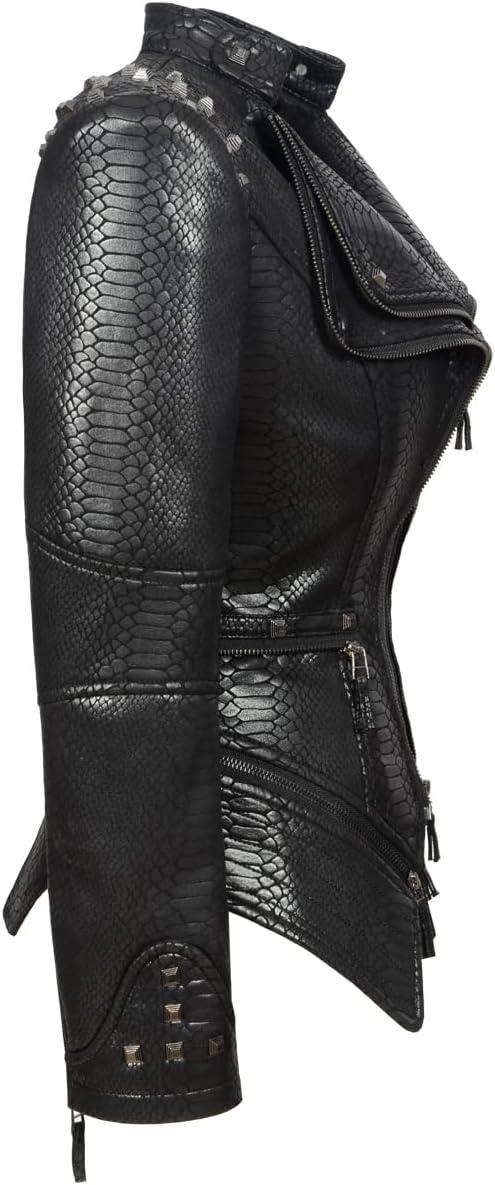 imageFashion SX Womens Rivet Faux Leather Jacket Zipper Moto Biker Denim coat Motorcycle OutwearSnake Black