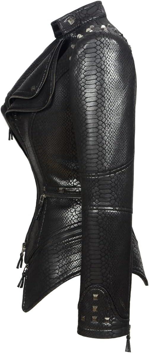 imageFashion SX Womens Rivet Faux Leather Jacket Zipper Moto Biker Denim coat Motorcycle OutwearSnake Black