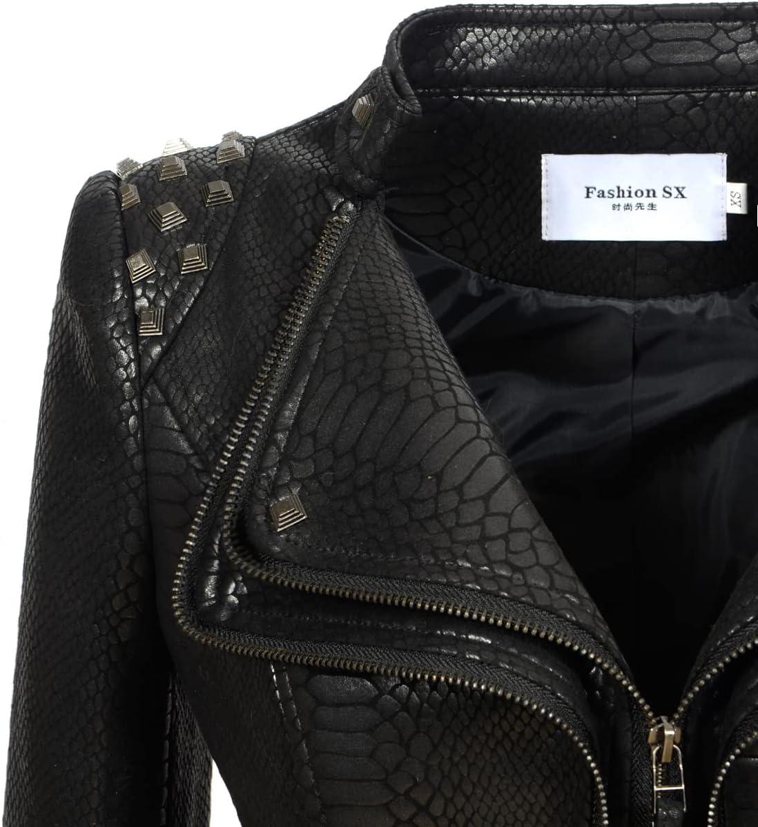 imageFashion SX Womens Rivet Faux Leather Jacket Zipper Moto Biker Denim coat Motorcycle OutwearSnake Black