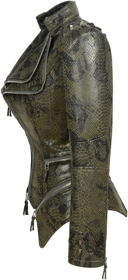 imageFashion SX Womens Rivet Faux Leather Jacket Zipper Moto Biker Denim coat Motorcycle OutwearSnake Green