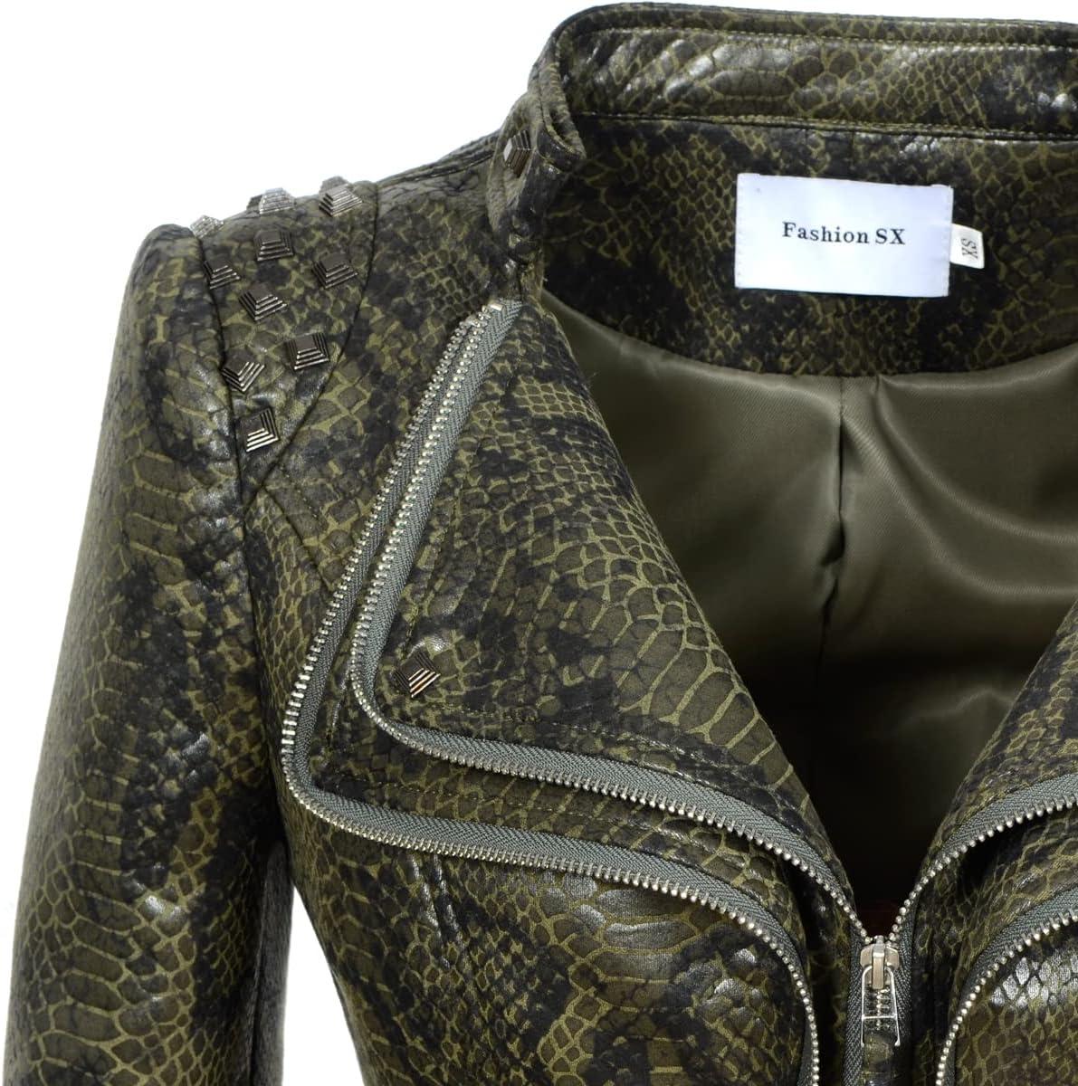 imageFashion SX Womens Rivet Faux Leather Jacket Zipper Moto Biker Denim coat Motorcycle OutwearSnake Green