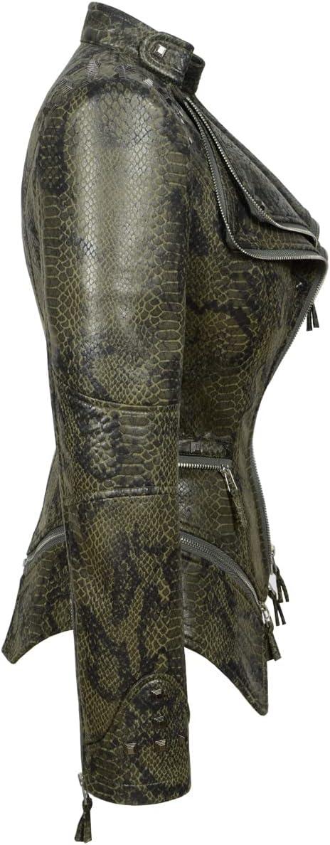 imageFashion SX Womens Rivet Faux Leather Jacket Zipper Moto Biker Denim coat Motorcycle OutwearSnake Green