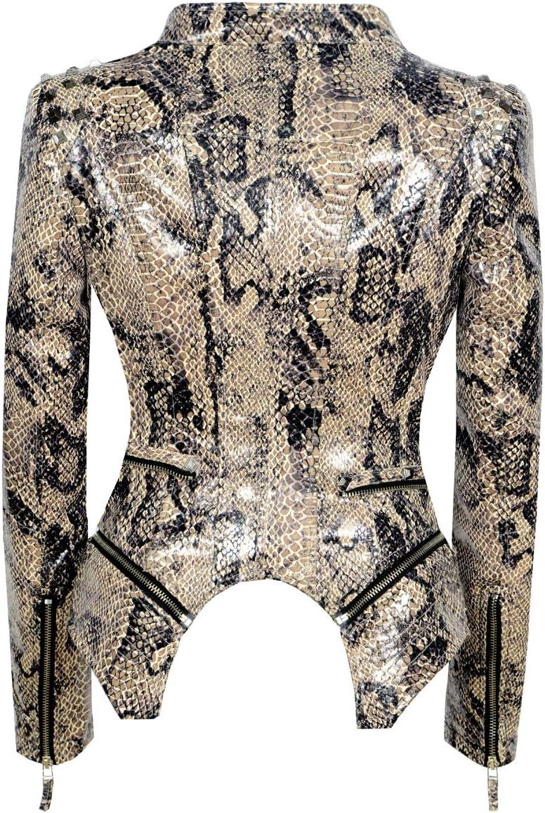 imageFashion SX Womens Rivet Faux Leather Jacket Zipper Moto Biker Denim coat Motorcycle OutwearSnake Skin