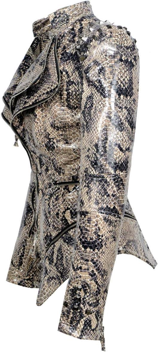 imageFashion SX Womens Rivet Faux Leather Jacket Zipper Moto Biker Denim coat Motorcycle OutwearSnake Skin
