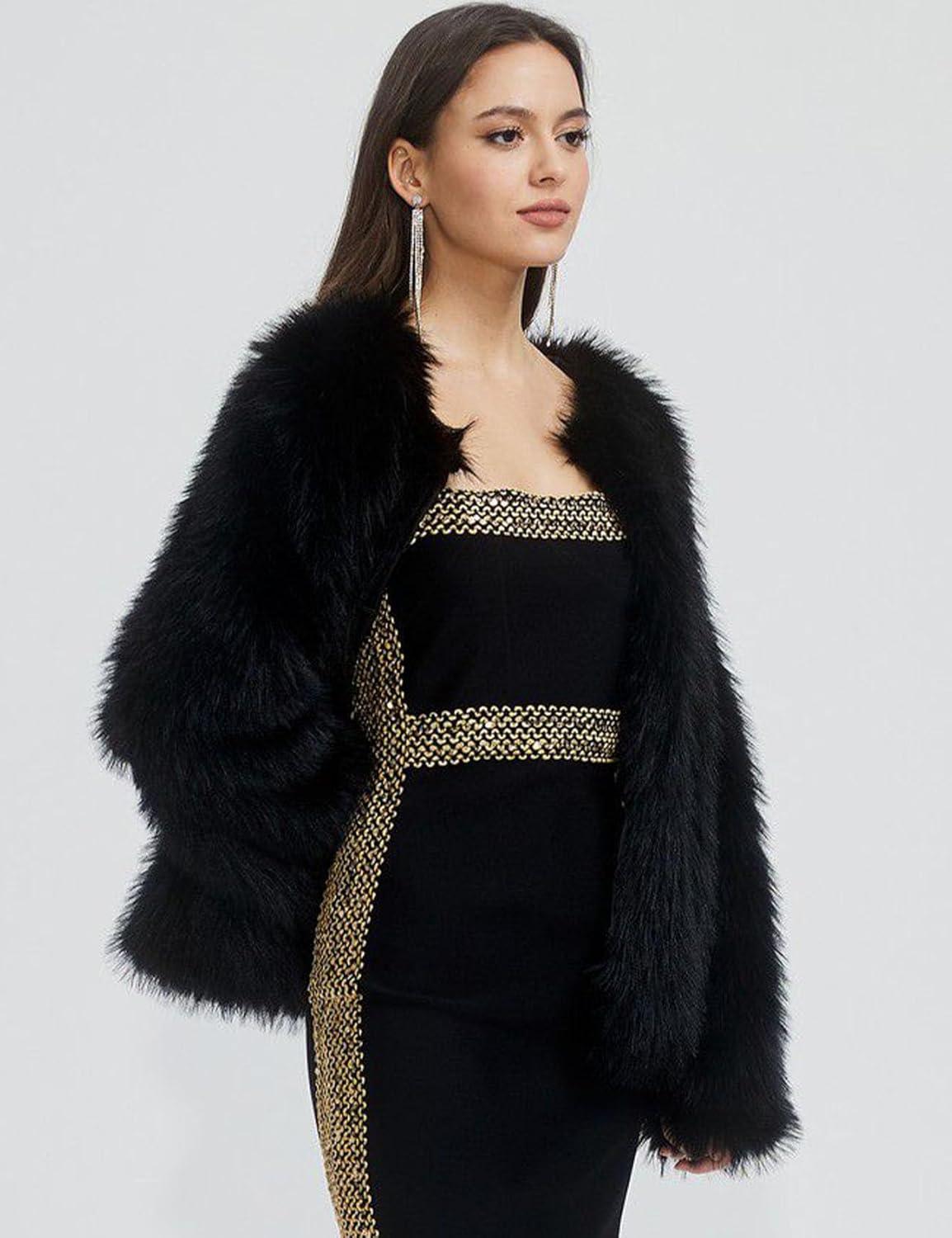 imageFlygo Women Faux Fur Coat Fluffy Long Sleeve Open Front Cropped Furry Jacket Shaggy 2025 Warm Winter Outwear with PocketsBlack