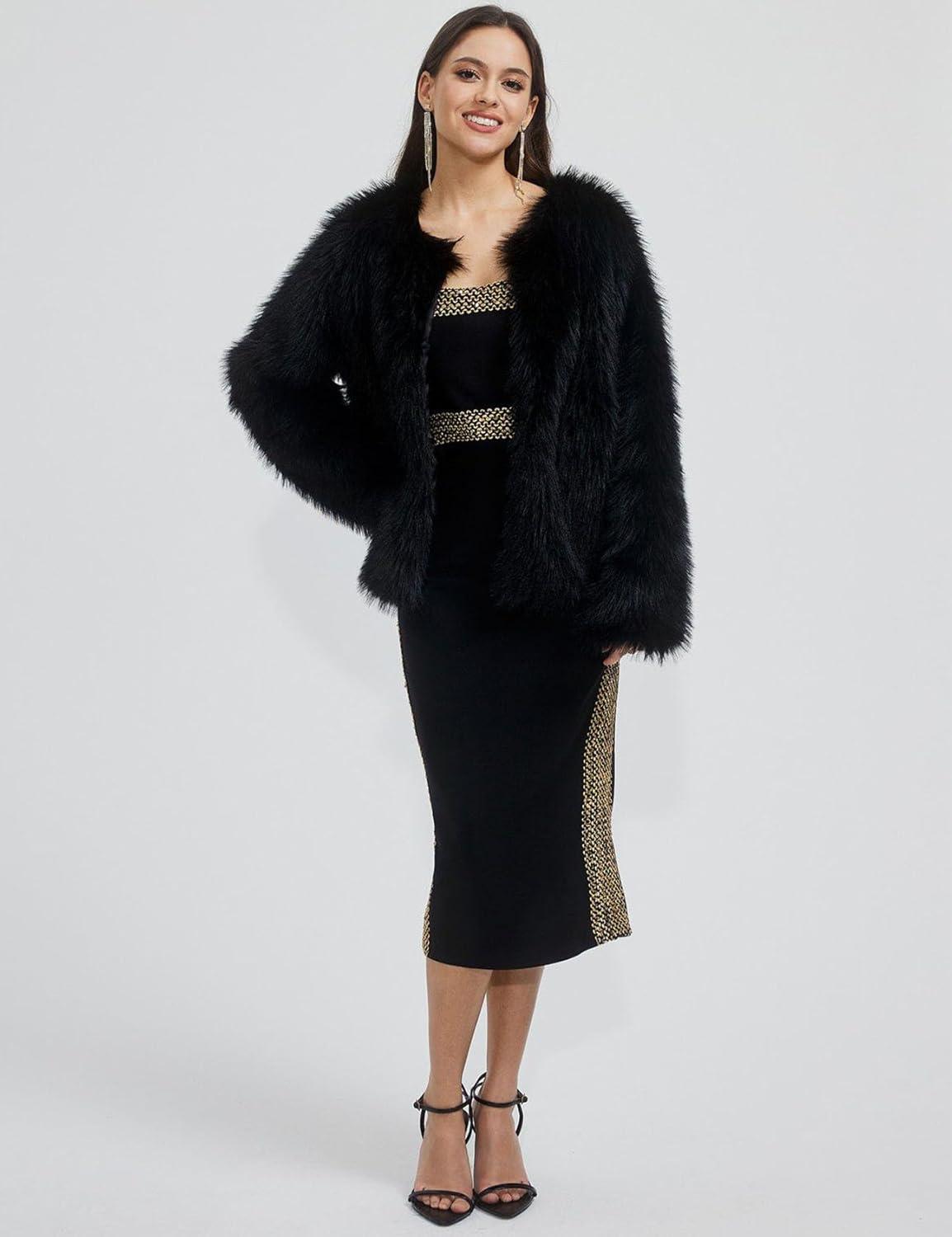 imageFlygo Women Faux Fur Coat Fluffy Long Sleeve Open Front Cropped Furry Jacket Shaggy 2025 Warm Winter Outwear with PocketsBlack