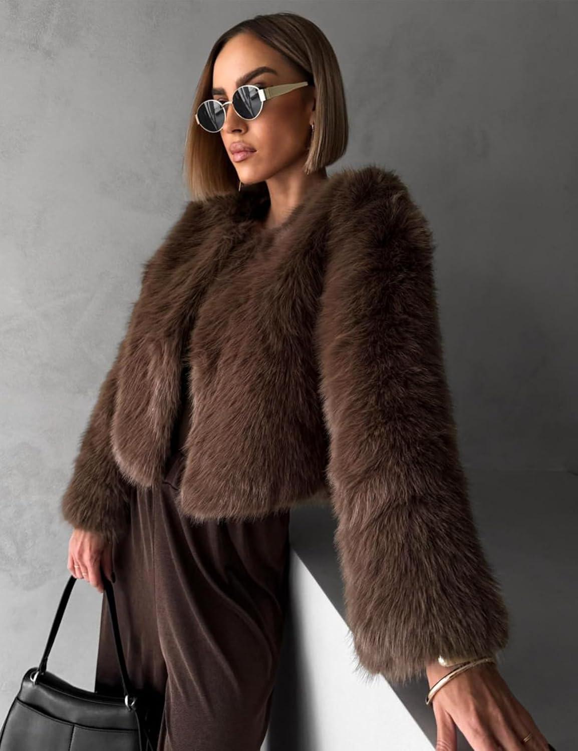 imageFlygo Women Faux Fur Coat Fluffy Long Sleeve Open Front Cropped Furry Jacket Shaggy 2025 Warm Winter Outwear with PocketsBrown