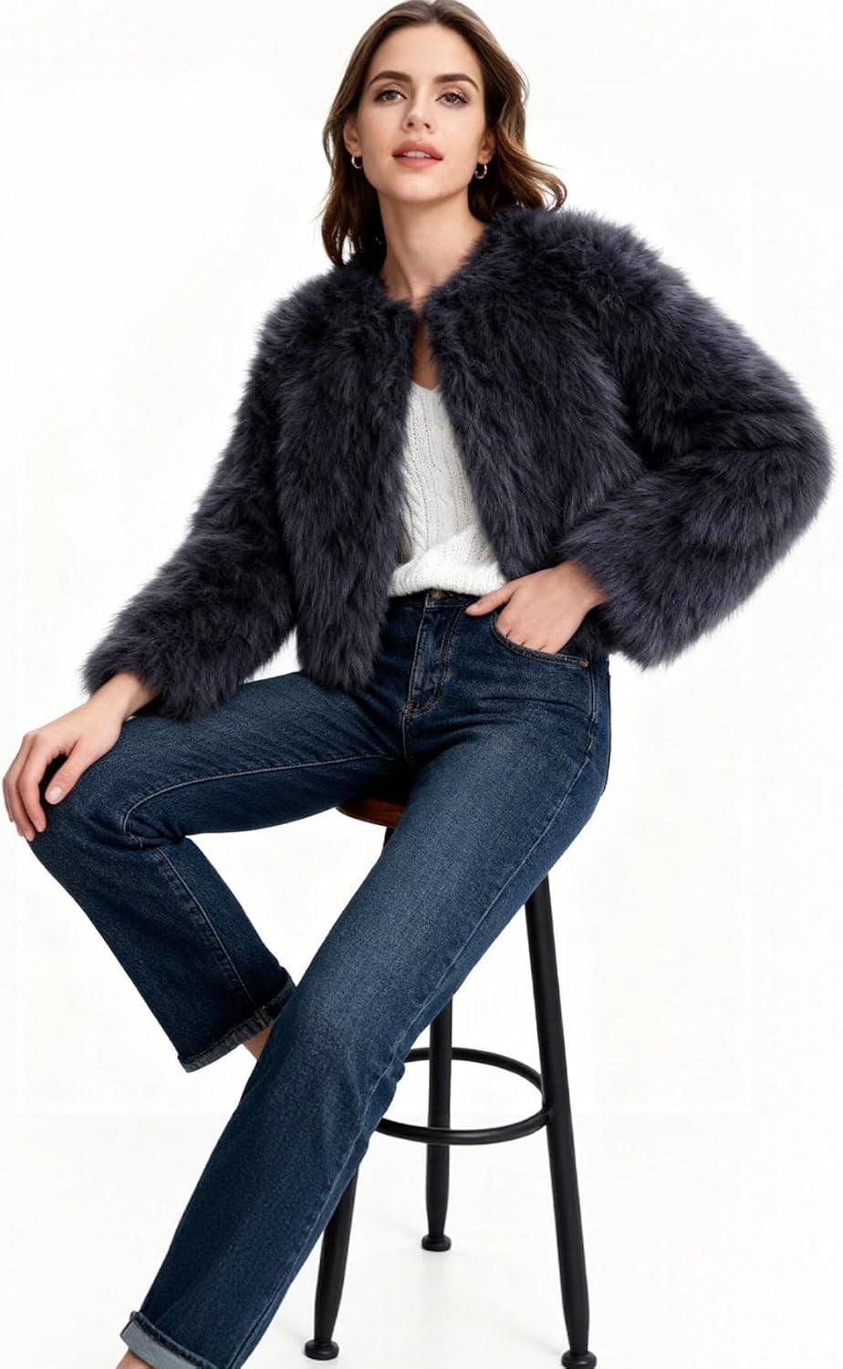 imageFlygo Women Faux Fur Coat Fluffy Long Sleeve Open Front Cropped Furry Jacket Shaggy 2025 Warm Winter Outwear with PocketsDarkgrey