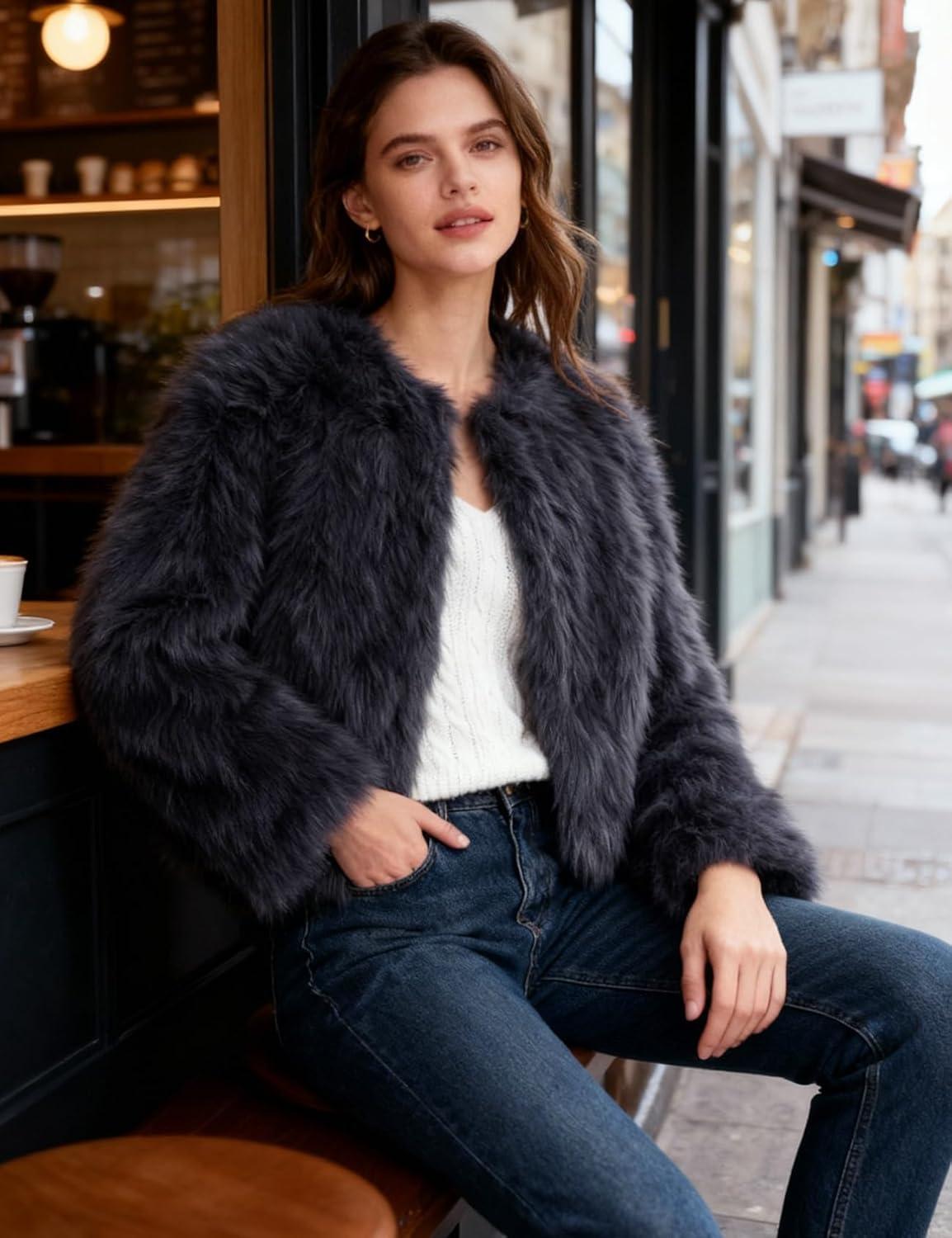 imageFlygo Women Faux Fur Coat Fluffy Long Sleeve Open Front Cropped Furry Jacket Shaggy 2025 Warm Winter Outwear with PocketsDarkgrey