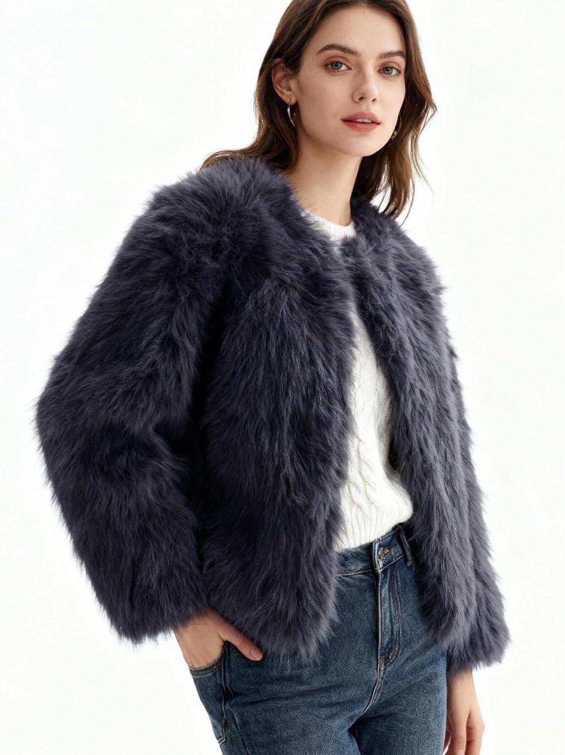 imageFlygo Women Faux Fur Coat Fluffy Long Sleeve Open Front Cropped Furry Jacket Shaggy 2025 Warm Winter Outwear with PocketsDarkgrey