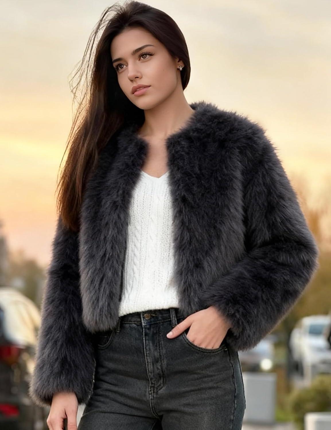 imageFlygo Women Faux Fur Coat Fluffy Long Sleeve Open Front Cropped Furry Jacket Shaggy 2025 Warm Winter Outwear with PocketsDarkgrey