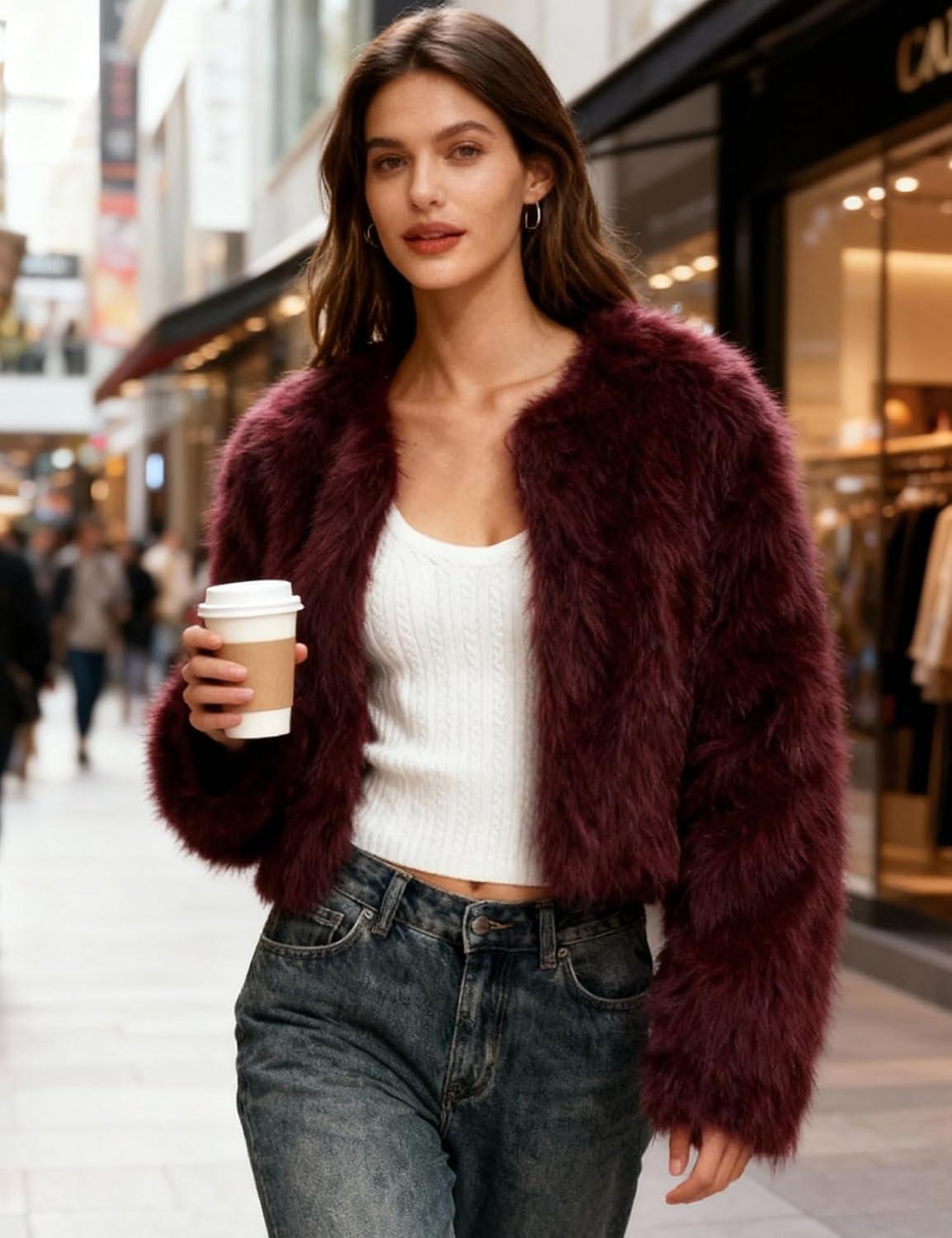 imageFlygo Women Faux Fur Coat Fluffy Long Sleeve Open Front Cropped Furry Jacket Shaggy 2025 Warm Winter Outwear with PocketsWine