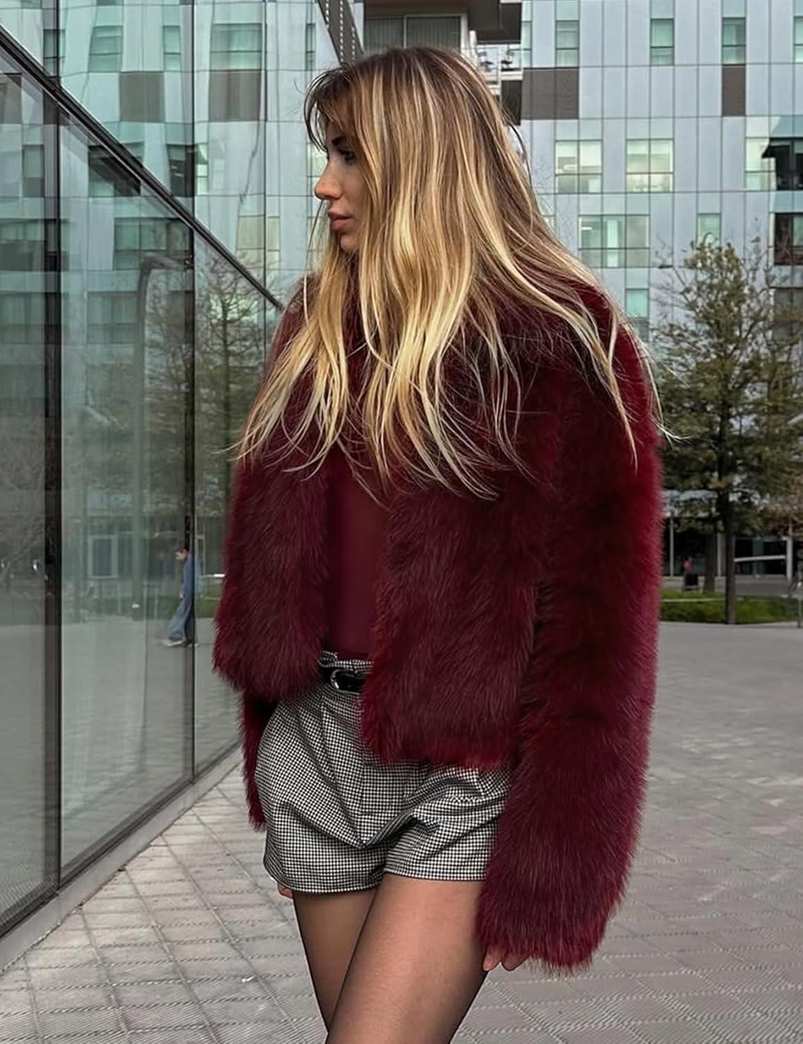 imageFlygo Women Faux Fur Coat Fluffy Long Sleeve Open Front Cropped Furry Jacket Shaggy 2025 Warm Winter Outwear with PocketsWine