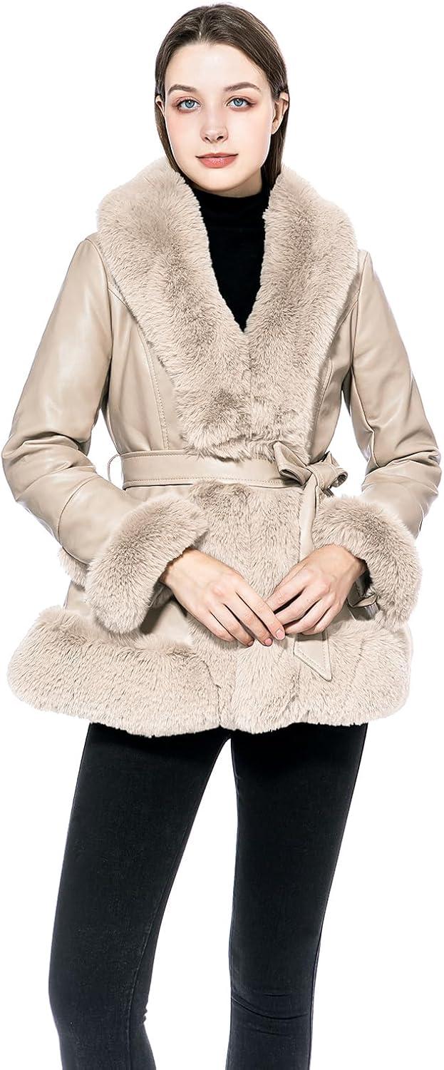 imageGRAN ORIENTE Womens Faux Leather Jacket with Faux Fur Collar Winter Long Sleeve Furry Trim Peplum Parka Coat with BeltApricot