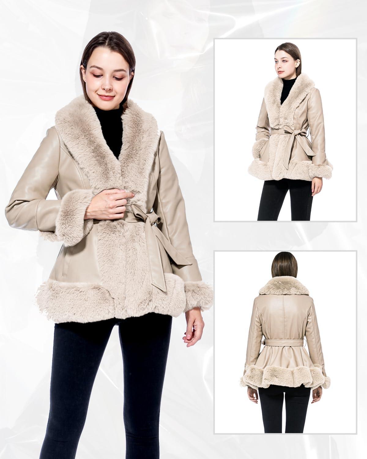 imageGRAN ORIENTE Womens Faux Leather Jacket with Faux Fur Collar Winter Long Sleeve Furry Trim Peplum Parka Coat with BeltApricot