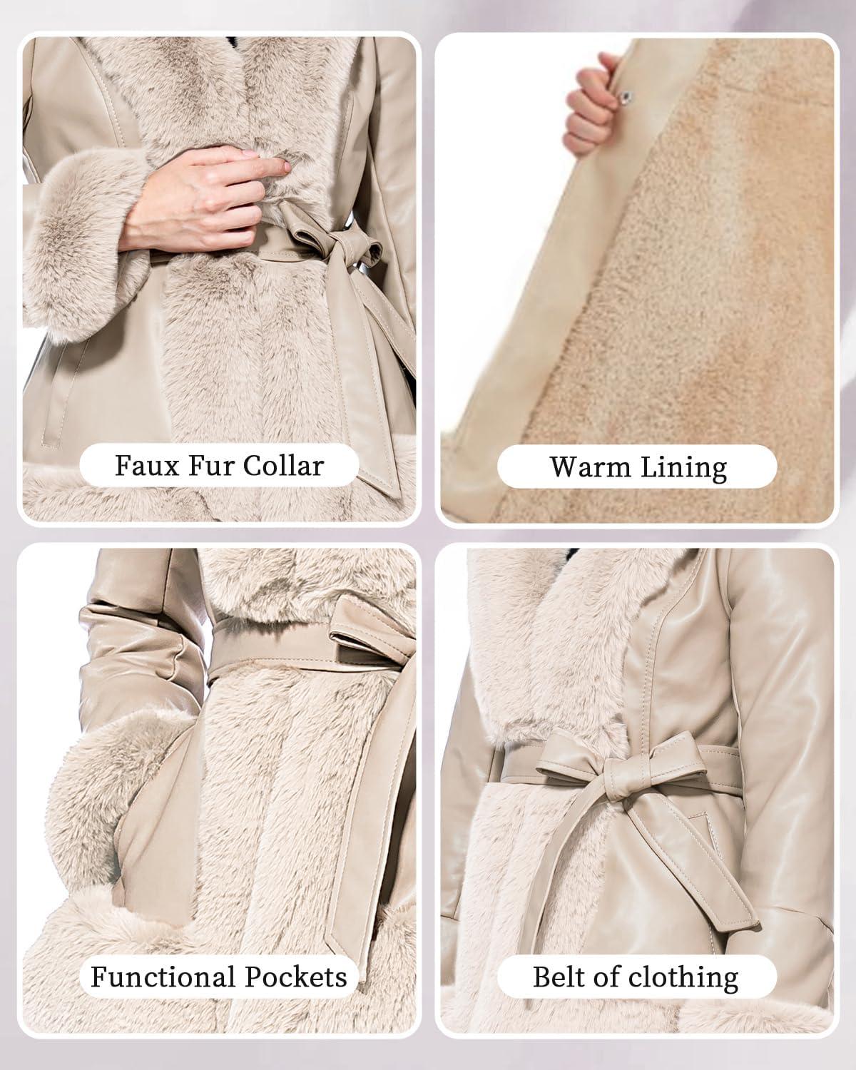 imageGRAN ORIENTE Womens Faux Leather Jacket with Faux Fur Collar Winter Long Sleeve Furry Trim Peplum Parka Coat with BeltApricot