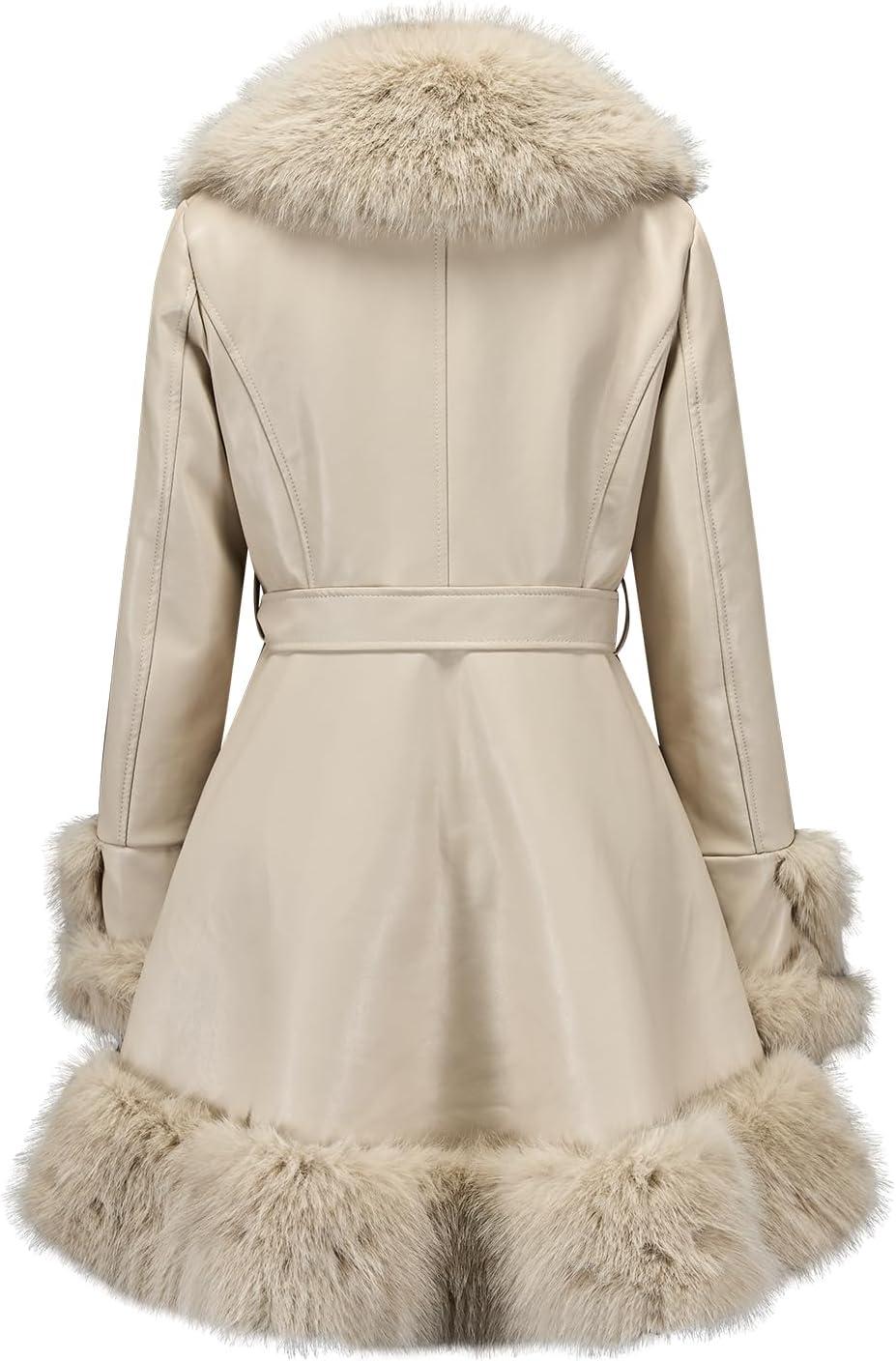 imageGRAN ORIENTE Womens Faux Leather Jacket with Faux Fur Collar Winter Long Sleeve Furry Trim Peplum Parka Coat with BeltApricot Long