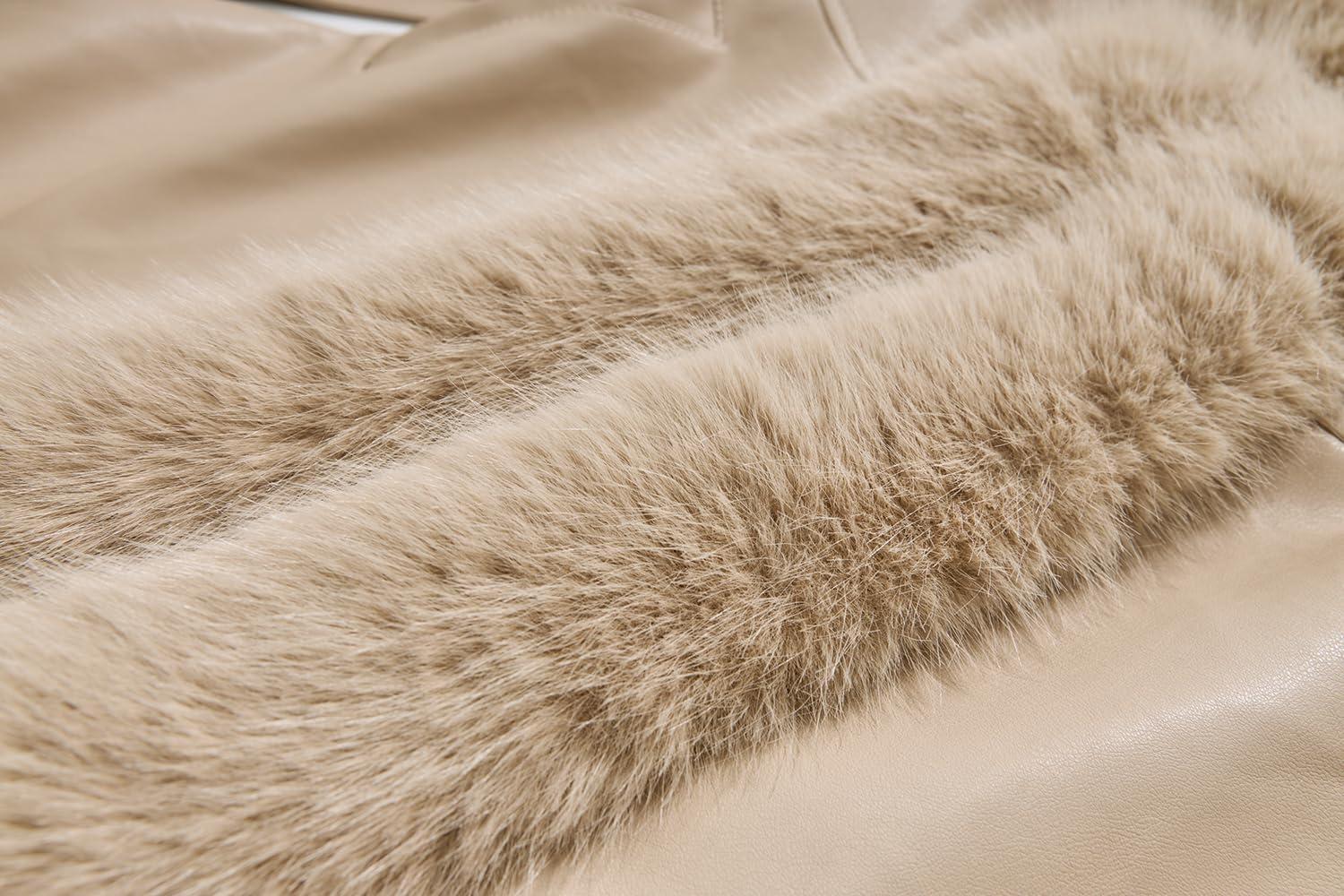 imageGRAN ORIENTE Womens Faux Leather Jacket with Faux Fur Collar Winter Long Sleeve Furry Trim Peplum Parka Coat with BeltApricot Long