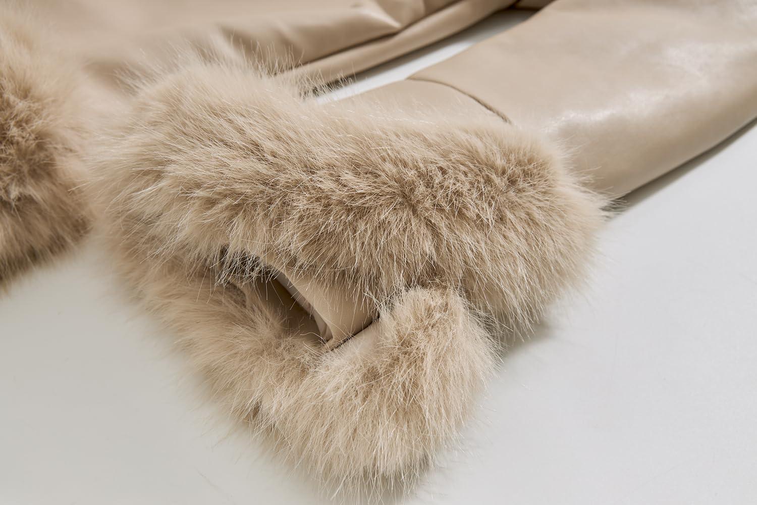 imageGRAN ORIENTE Womens Faux Leather Jacket with Faux Fur Collar Winter Long Sleeve Furry Trim Peplum Parka Coat with BeltApricot Long